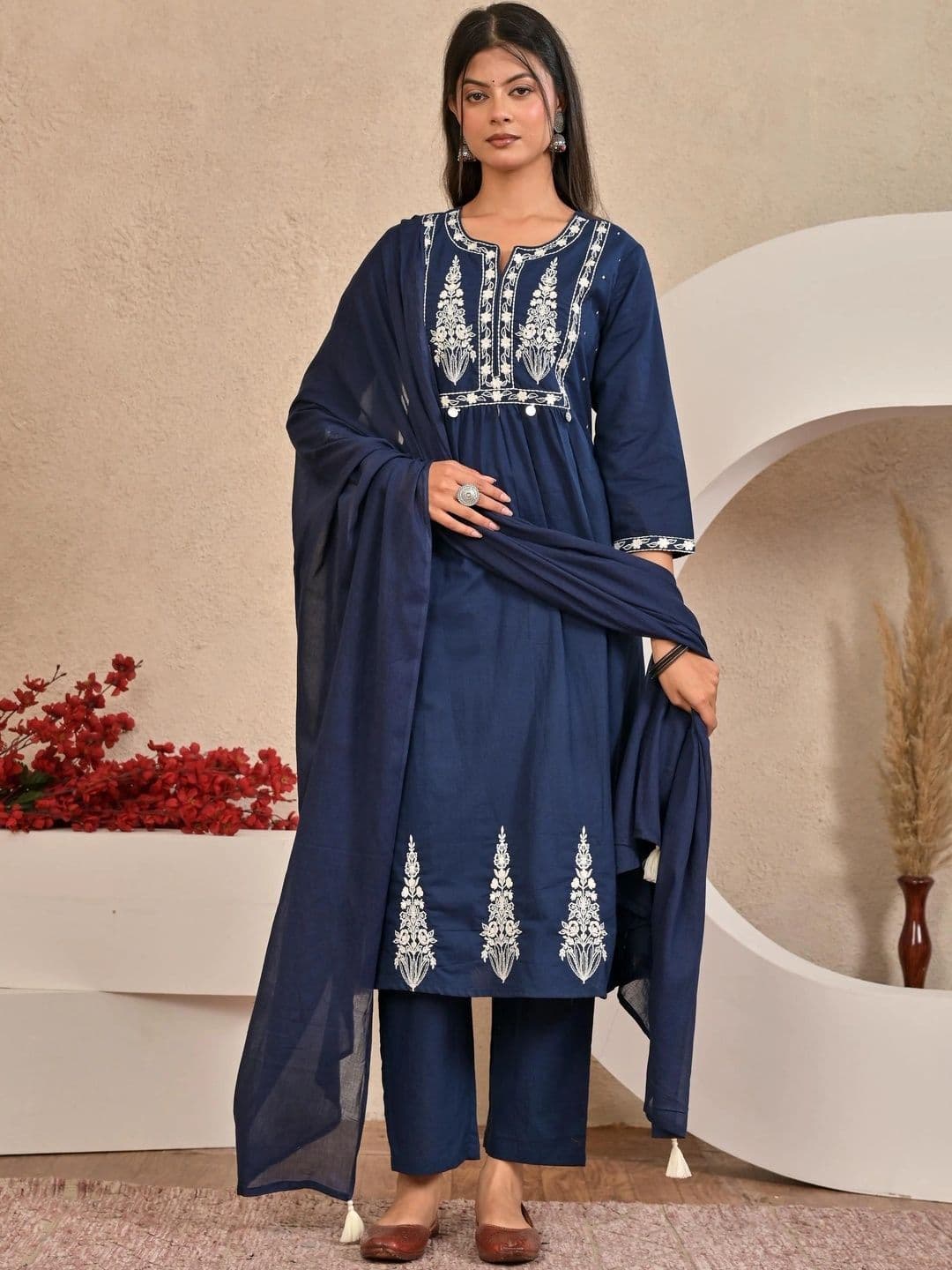Yashee Women Ethnic Motifs Embroidered Empire Pure Cotton Kurta with Trousers & With Dupatta thumbnail 7