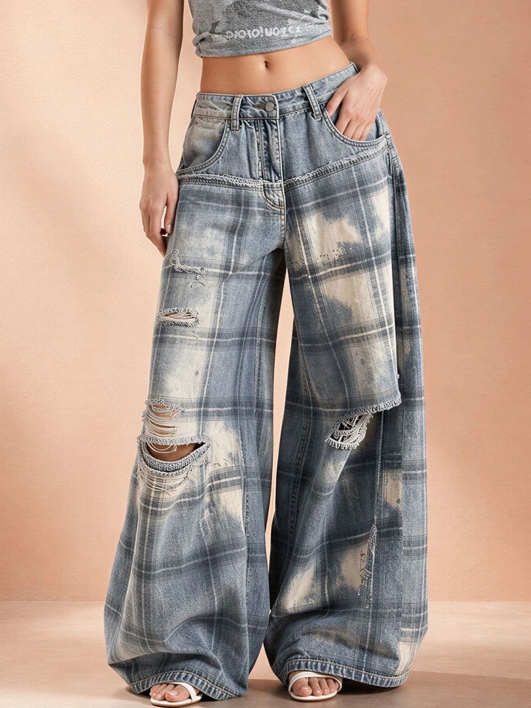 ATELIER REBEL Women Wide Leg Mid-Rise Highly Distressed Light Fade Bleached Jeans - view 1
