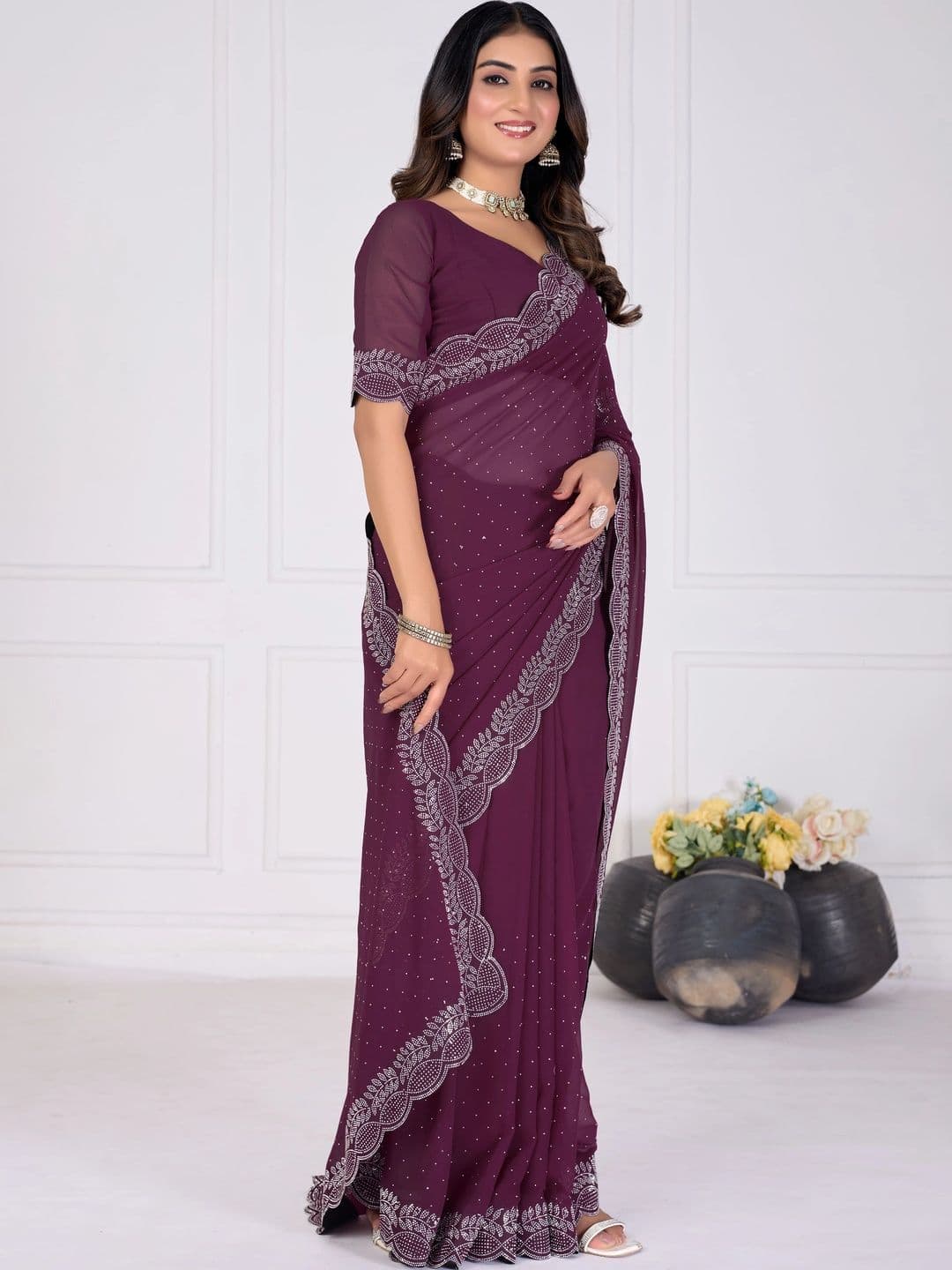 RENBRIZA Embellished Poly Georgette Saree - view 1