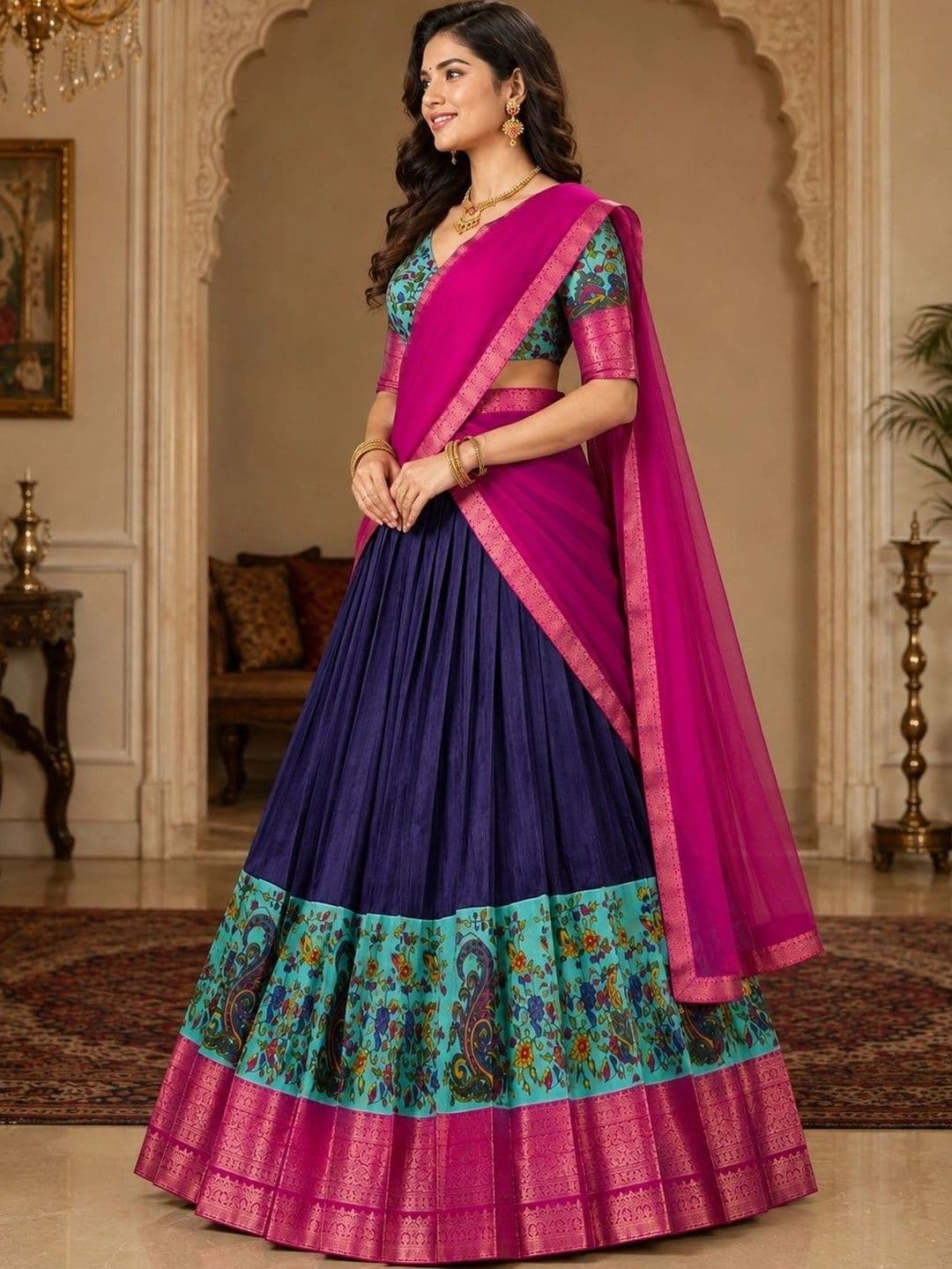 KALINI Printed Ready to Wear Lehenga & Unstitched Blouse With Dupatta thumbnail 3