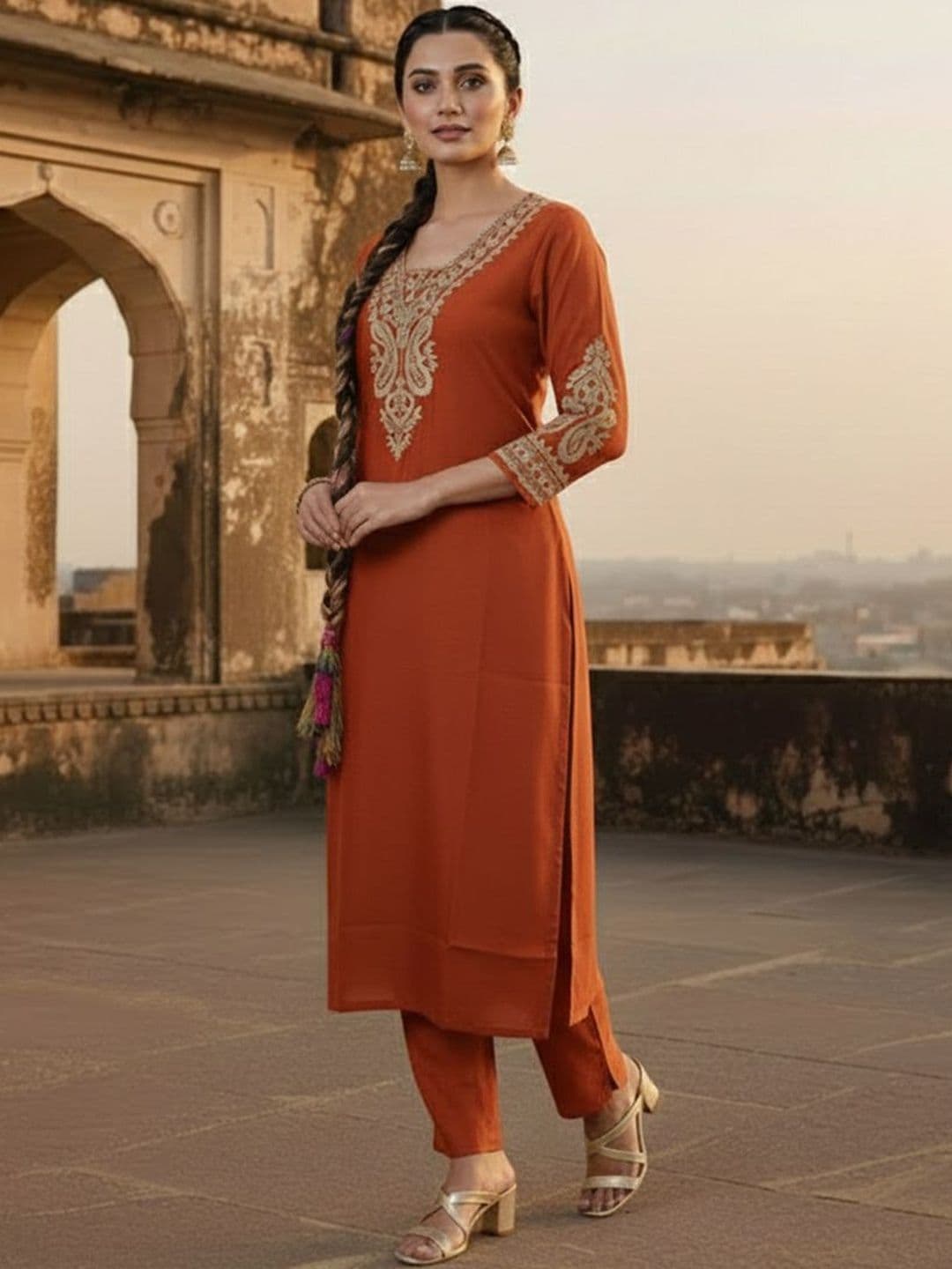 Varanga Women Ethnic Motifs Embroidered Regular Thread Work Kurta with Trousers thumbnail 5