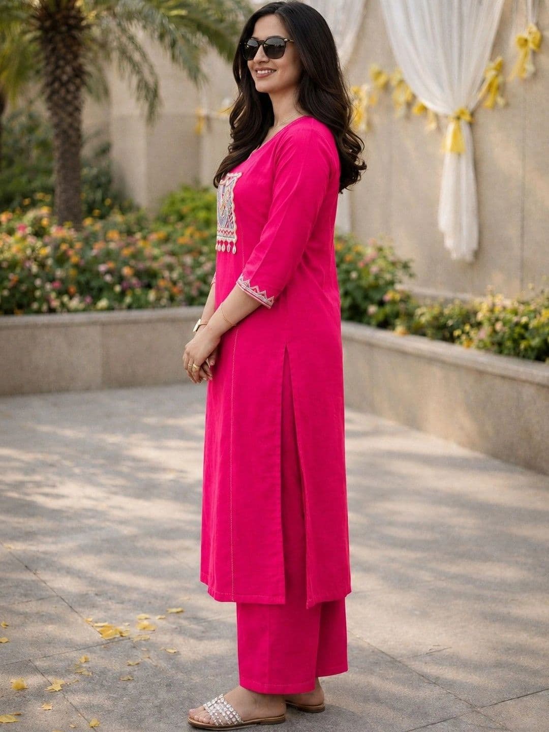 Moda Rapido Women Ethnic Motifs Embroidered Regular Thread Work Pure Cotton Kurta with Palazzos thumbnail 4