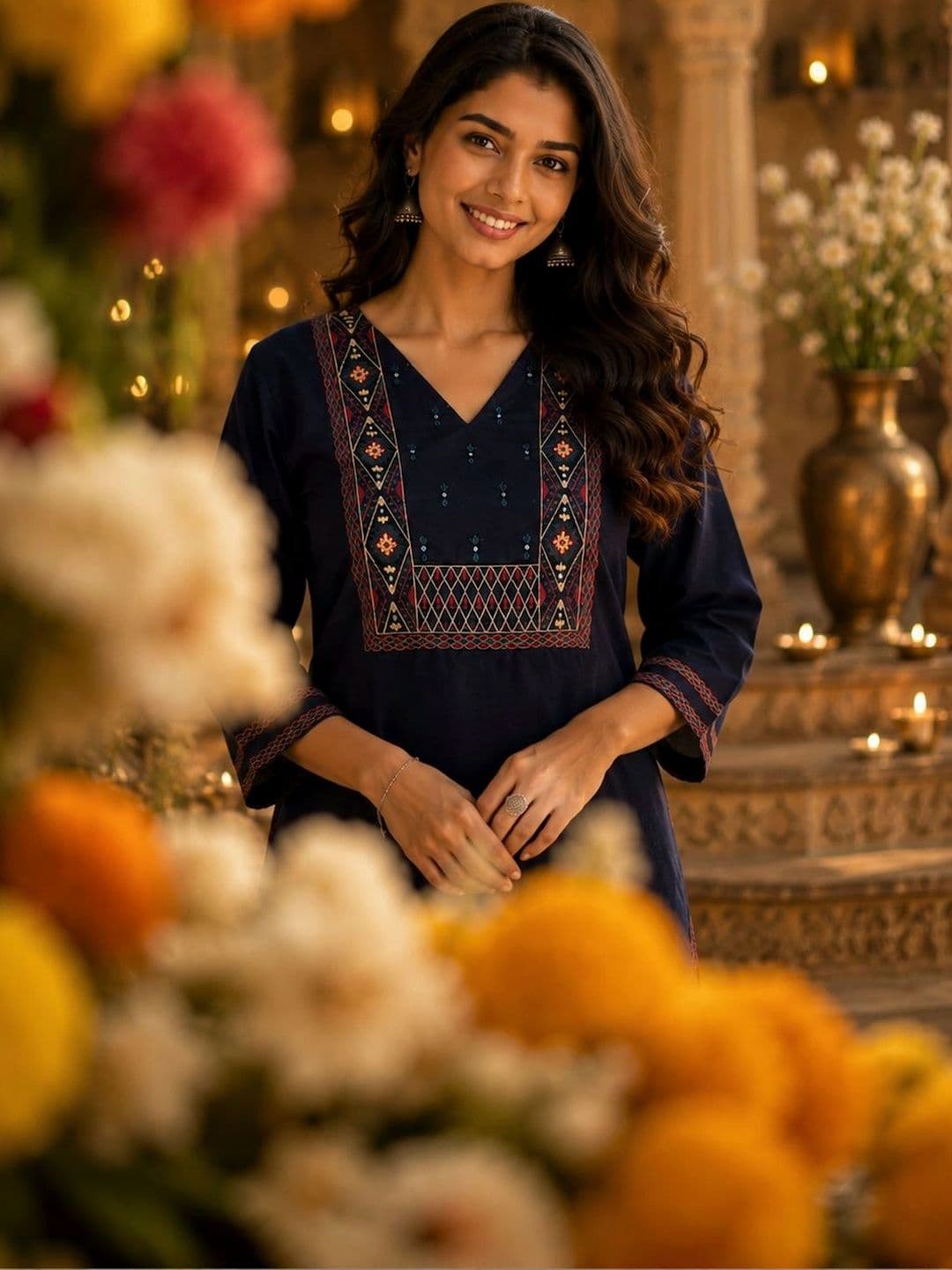 BANSARI COLLECTION Women Ethnic Motifs Embroidered Regular Thread Work Pure Cotton Kurta with Palazzos thumbnail 6