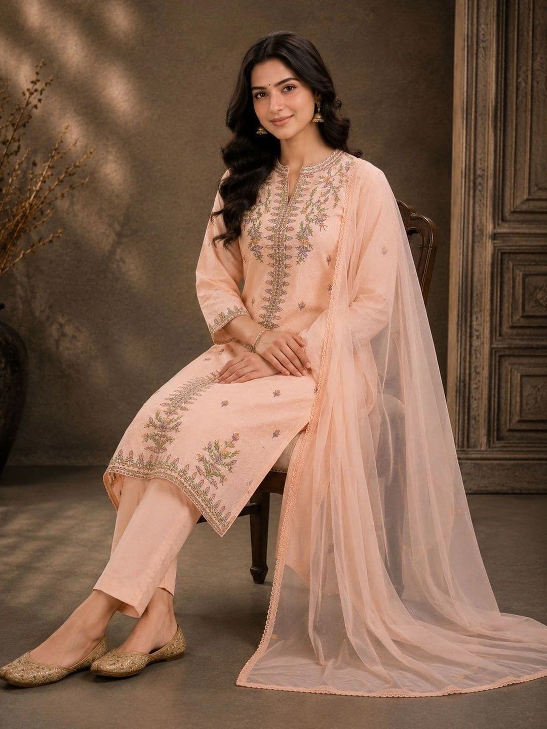 Anouk Women Ethnic Motifs Embroidered Regular Thread Work Pure Cotton Kurta with Trousers & With Dupatta thumbnail 5