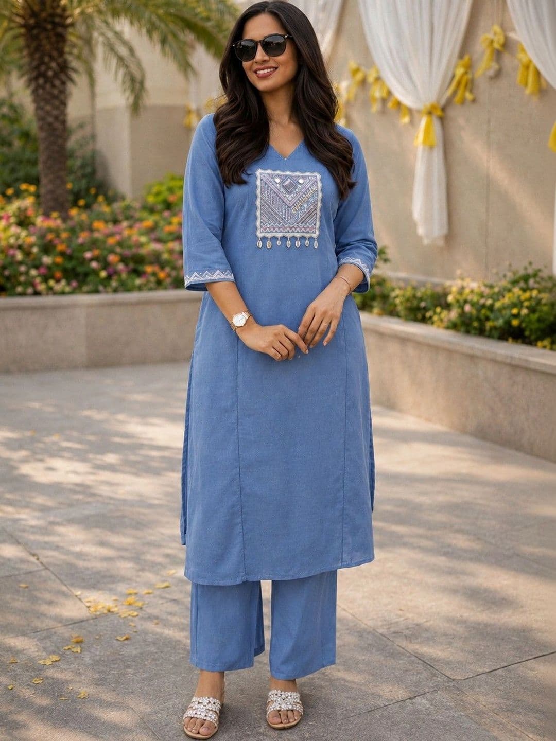 Moda Rapido Women Ethnic Motifs Embroidered Regular Thread Work Pure Cotton Kurta with Palazzos thumbnail 2
