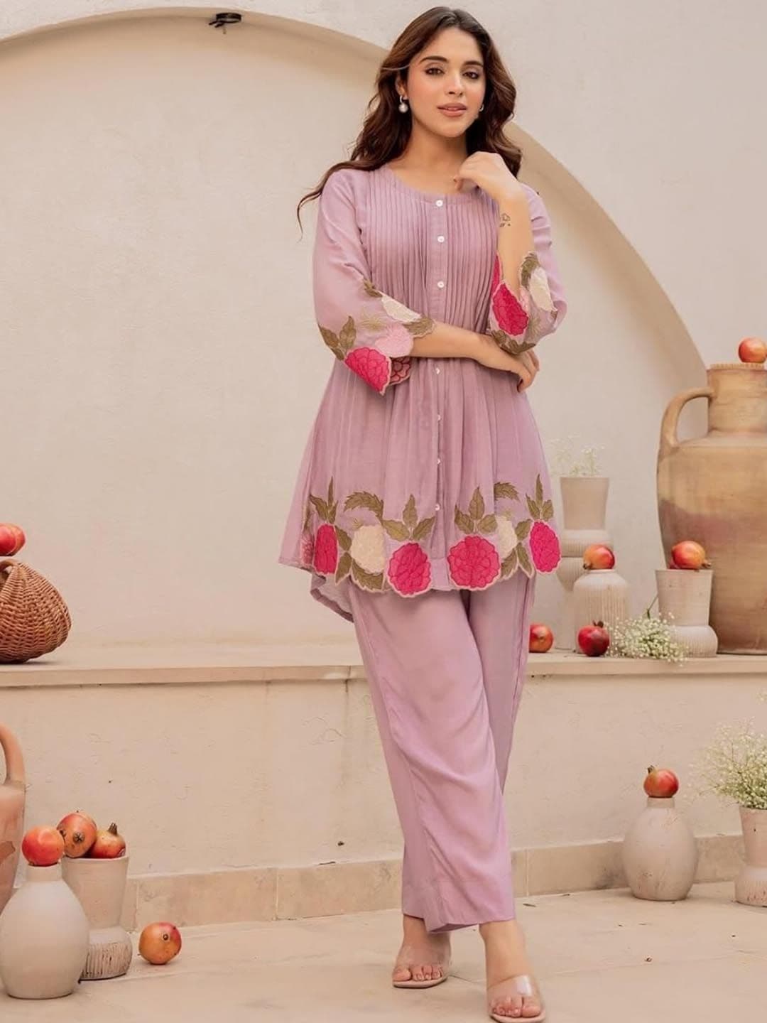 Pink World Romantic Florals Cotton Embroidered Tunic with Trousers thumbnail 3
