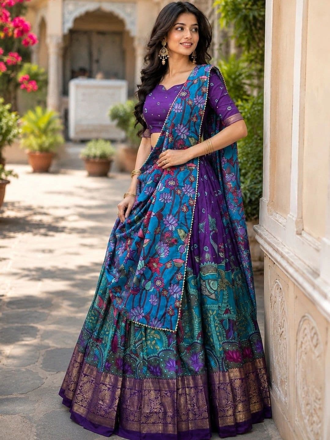 KALINI Embroidered Thread Work Ready to Wear Lehenga & Unstitched Blouse With Dupatta thumbnail 2