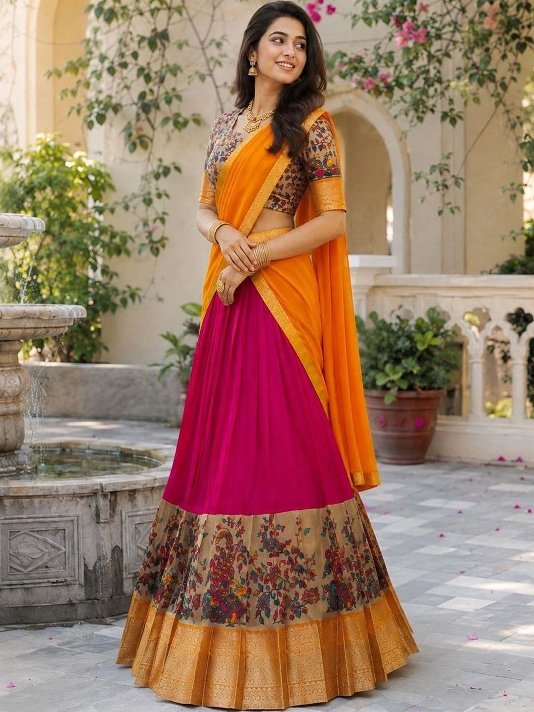 KALINI Printed Kalamkari Ready to Wear Lehenga & Unstitched Blouse With Dupatta thumbnail 5
