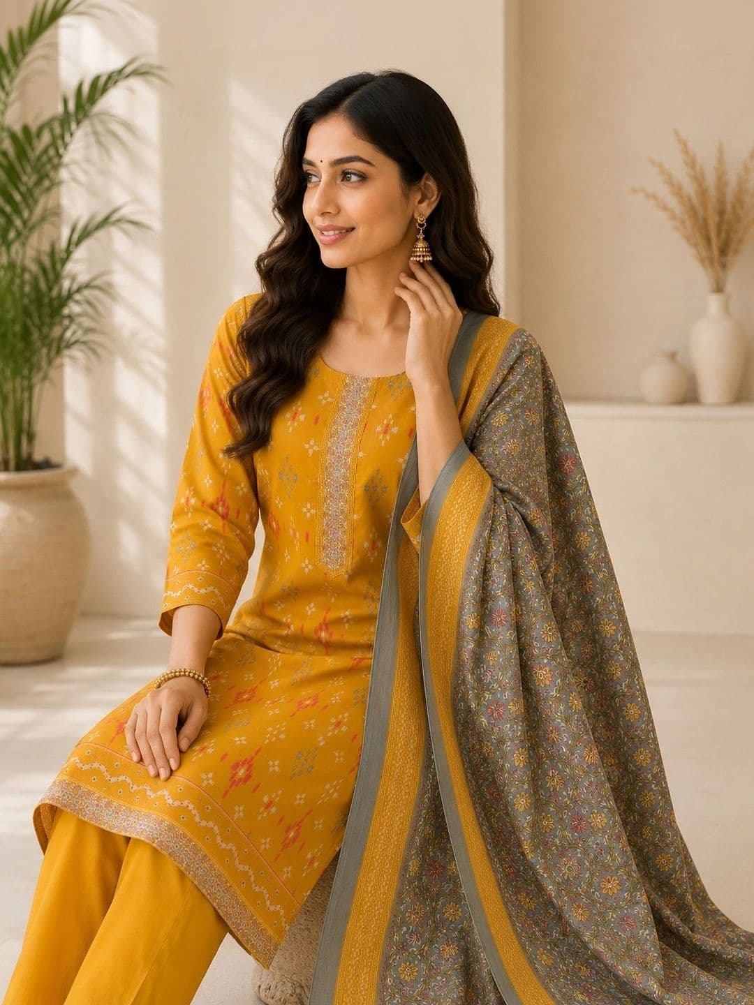 Anouk Women Ethnic Motifs Printed Regular Thread Work Pure Cotton Kurta with Trousers & With Dupatta thumbnail 5