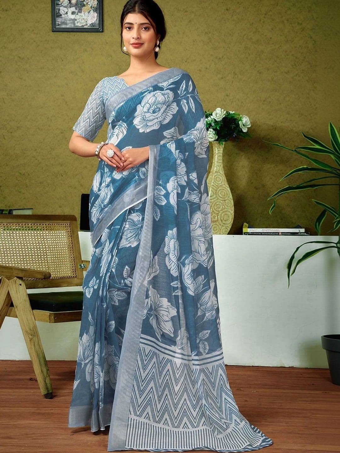 Satrani Floral Zari Pure Linen Designer Saree - view 1