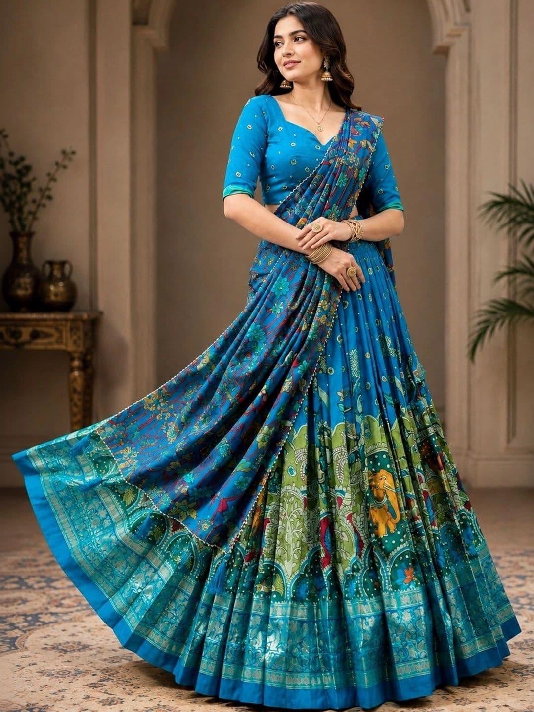 KALINI Printed Ready to Wear Lehenga & Unstitched Blouse With Dupatta thumbnail 3