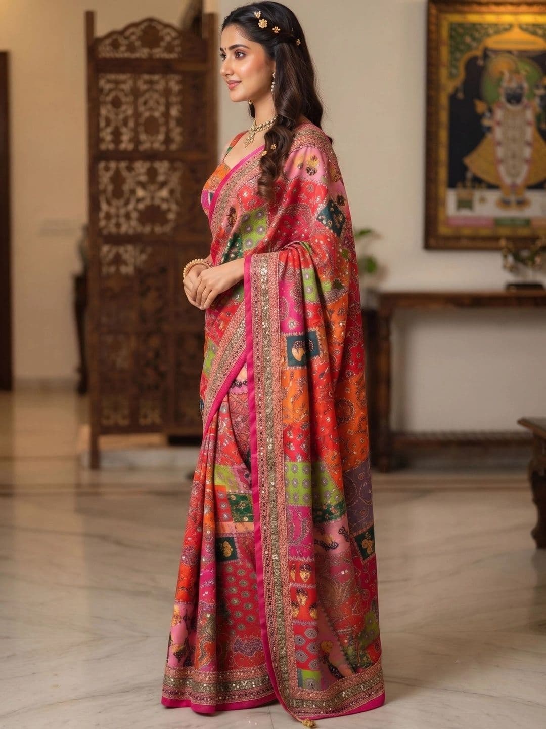 VILLE FASHION Paisley Mirror Work Art Silk Designer Saree thumbnail 2