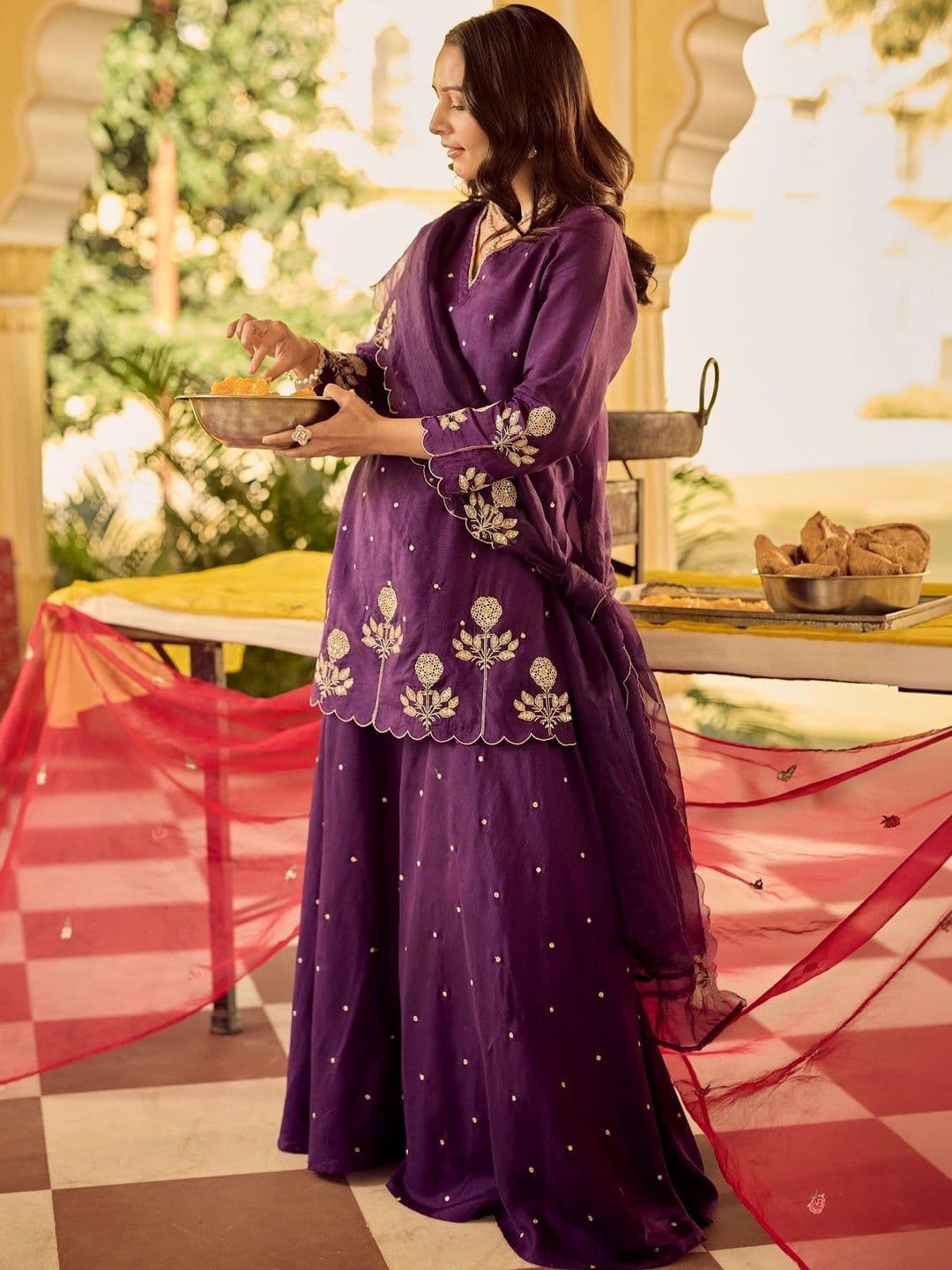 Aeristo Women Ethnic Motifs Embroidered Regular Thread Work Chanderi Silk Kurta with Sharara & With Dupatta thumbnail 5