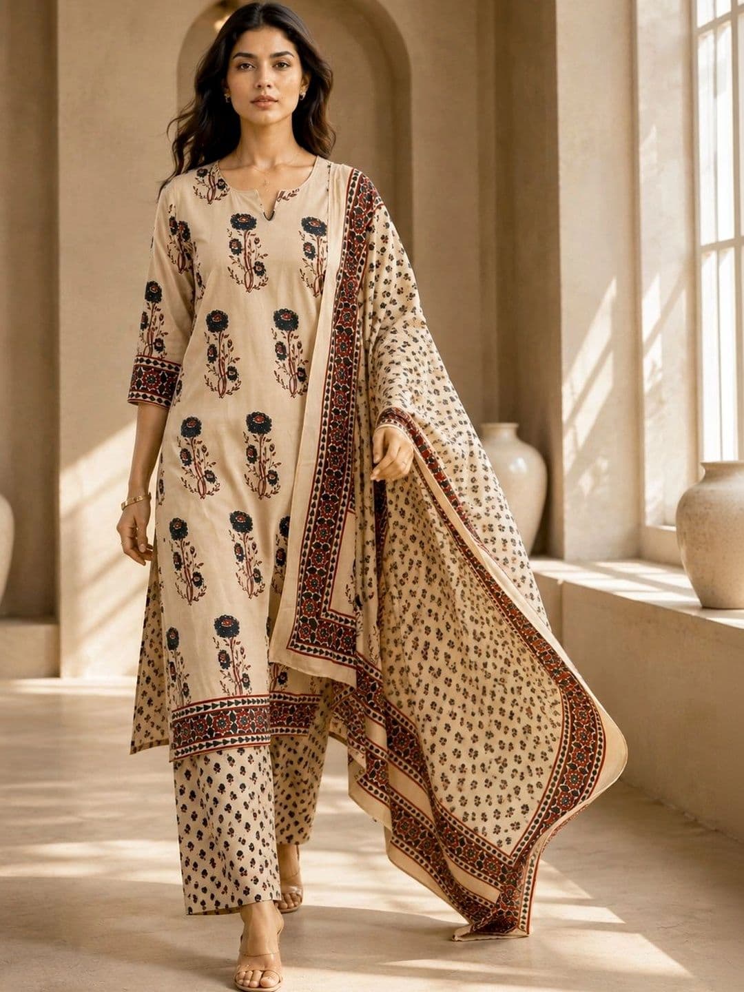 BANSARI COLLECTION Women Ethnic Motifs Printed Regular Pure Cotton Kurta with Palazzos & With Dupatta - view 1