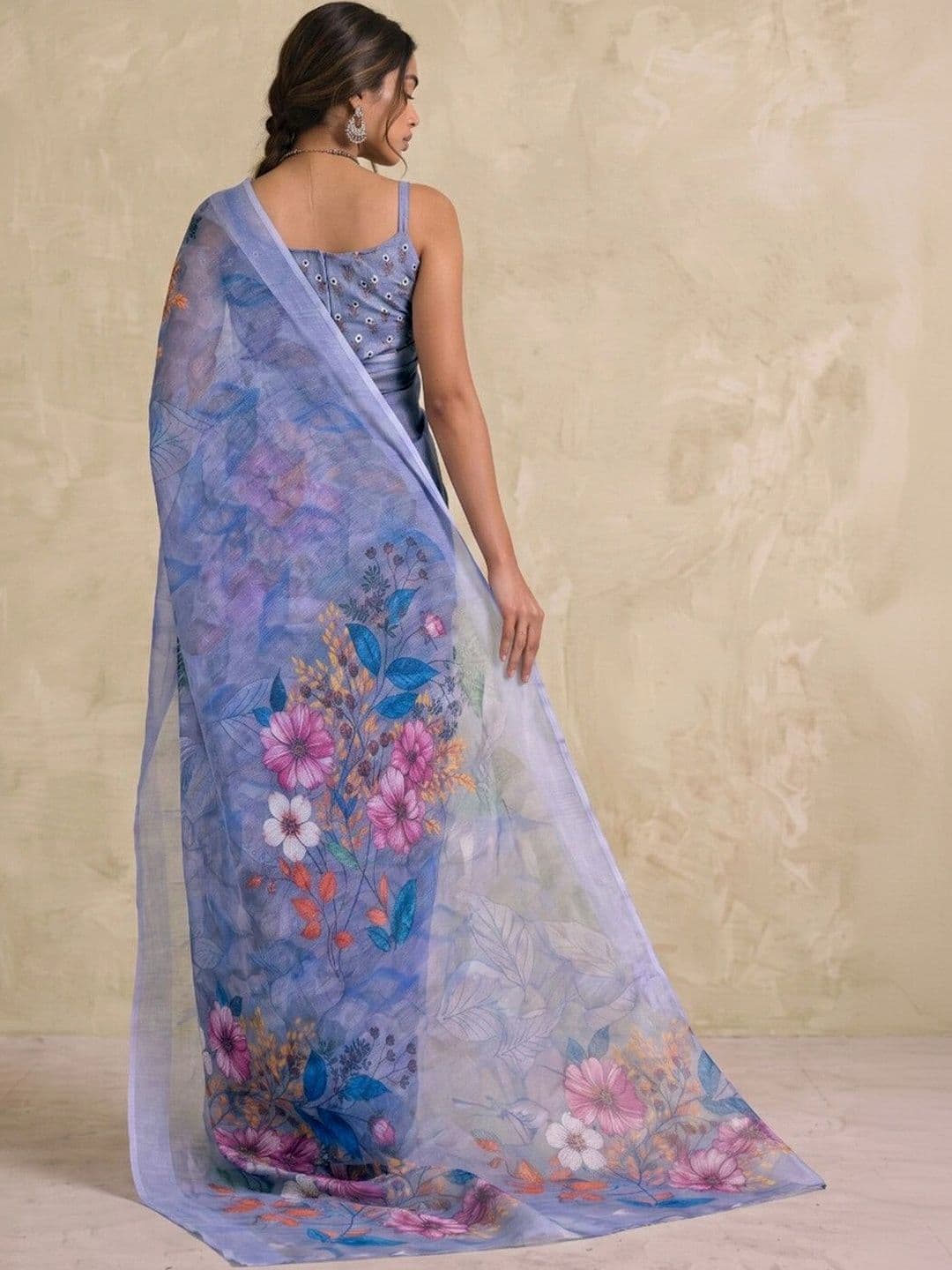 Saara  Printed Light Blue Linen Ready to wear saree for Women With Unstiched Blouse thumbnail 2