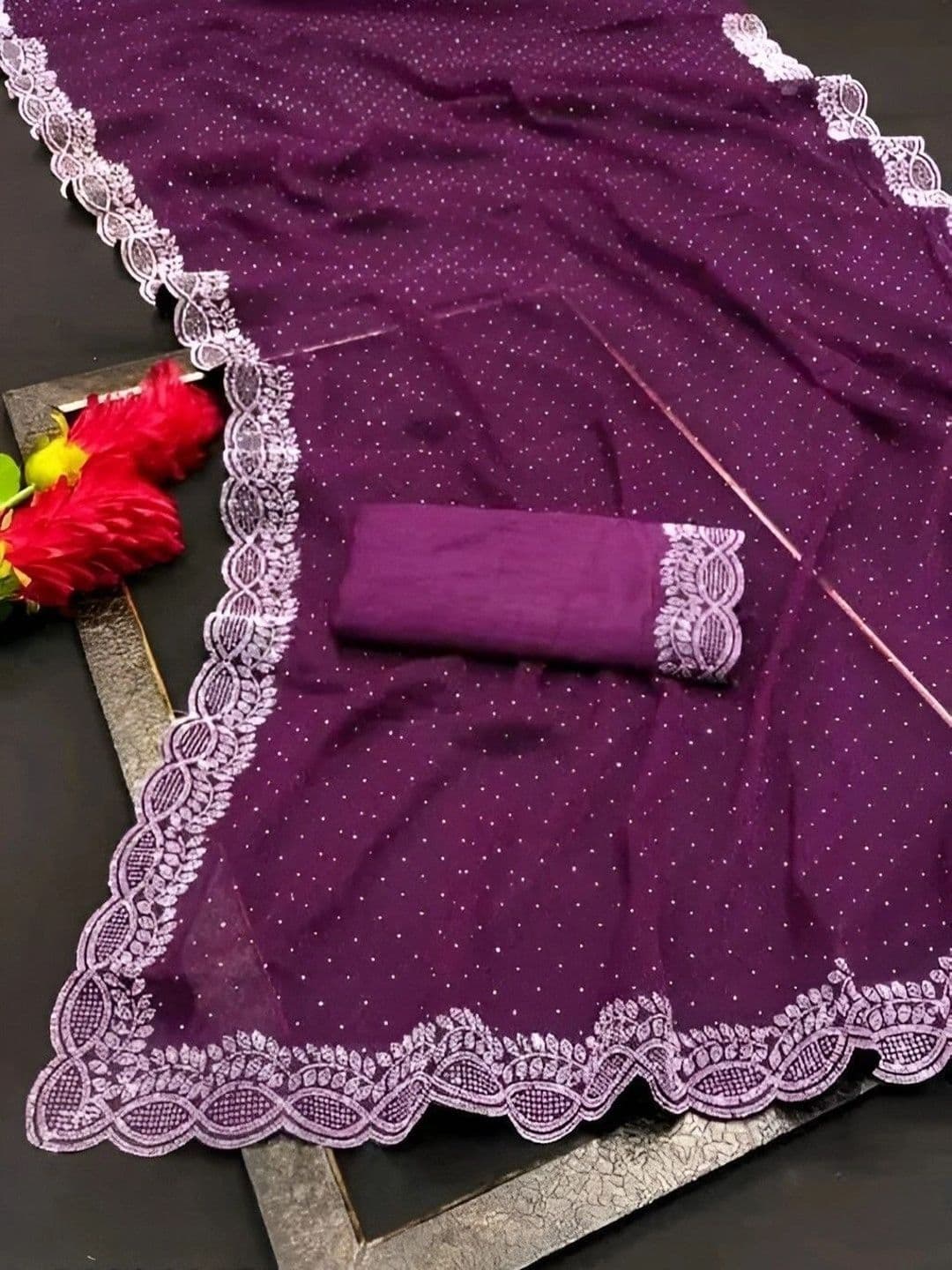 RENBRIZA Embroidered Poly Chiffon Saree thumbnail 6