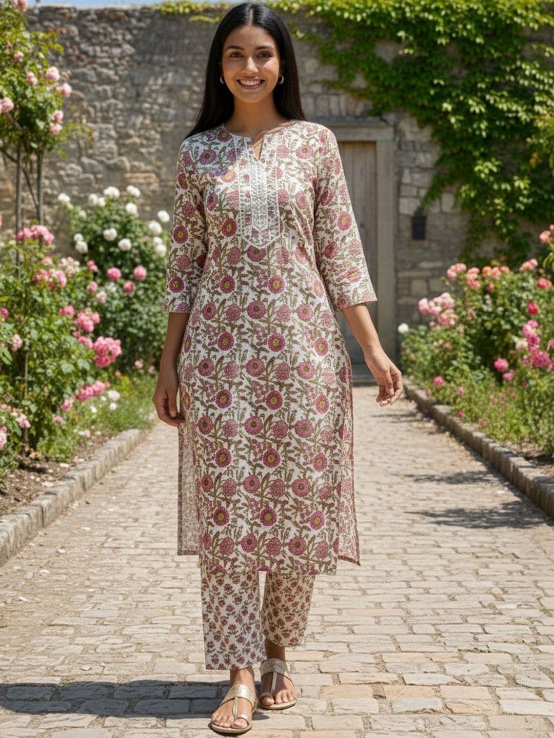 Varanga Women Floral Printed Regular Pure Cotton Kurta with Trousers & With Dupatta thumbnail 6