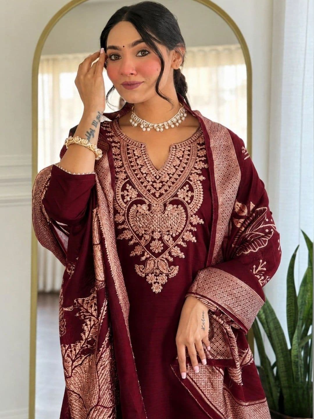 FIC FUSION CULTURE Women Ethnic Motifs Embroidered Regular Kurta with Trousers & With Dupatta thumbnail 6