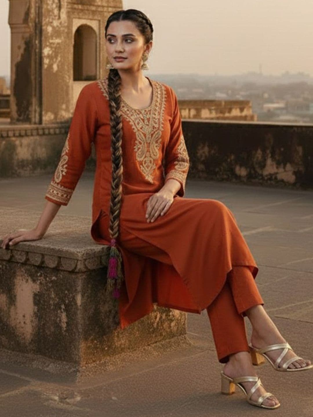 Varanga Women Ethnic Motifs Embroidered Regular Thread Work Kurta with Trousers thumbnail 4