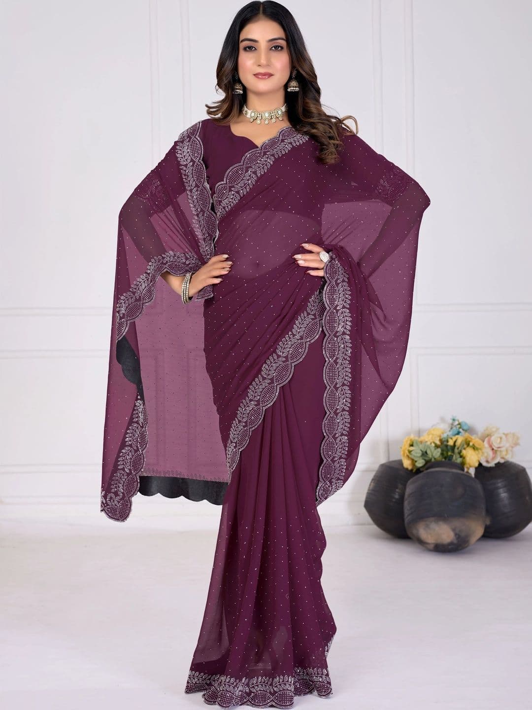 RENBRIZA Embroidered Poly Chiffon Saree - view 1