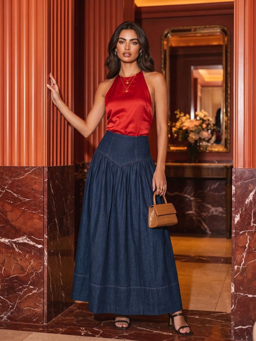 Phosphorus Navy Blue Denim Maxi A-Line Skirt thumbnail 5