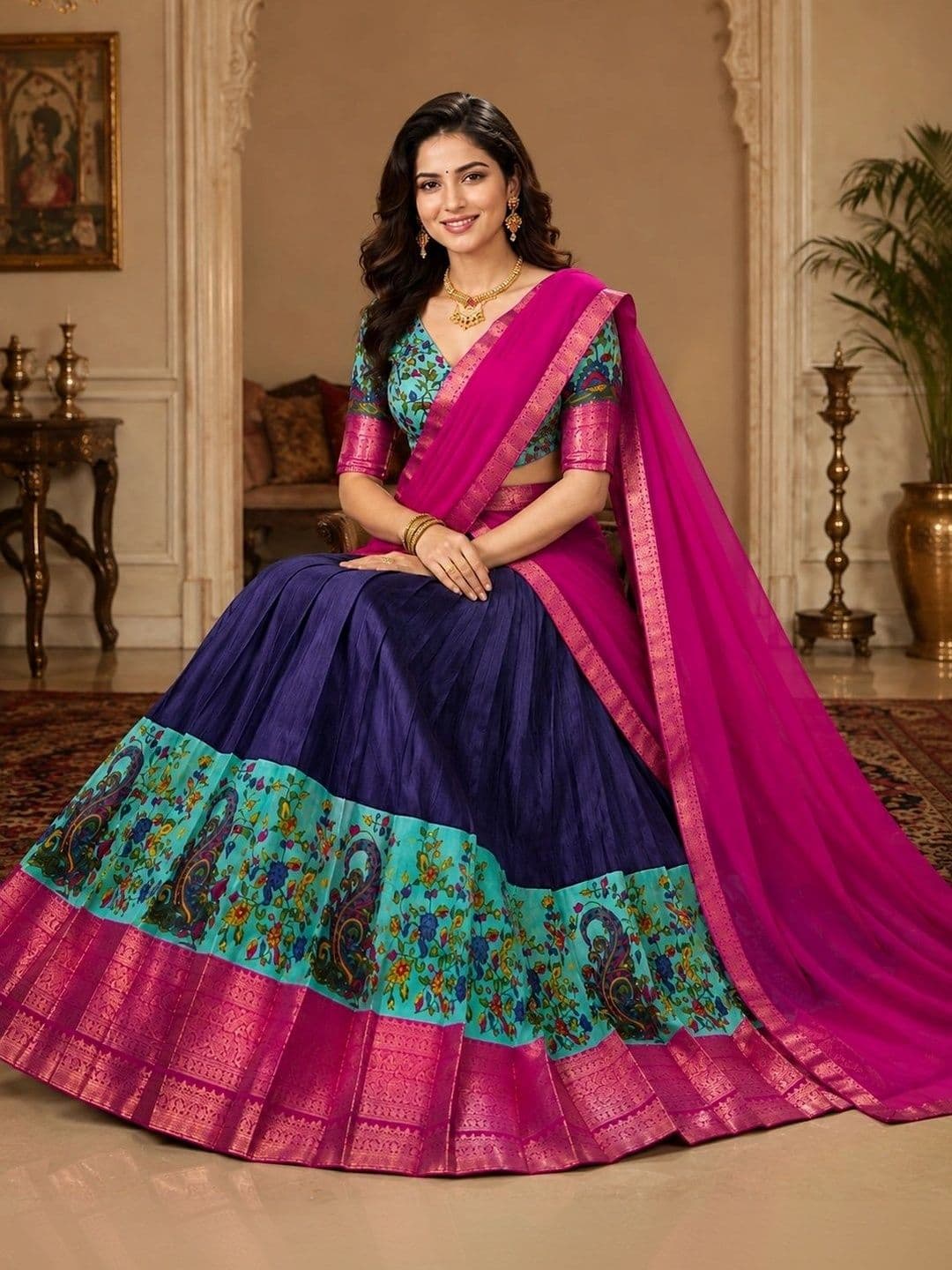 KALINI Printed Ready to Wear Lehenga & Unstitched Blouse With Dupatta thumbnail 4