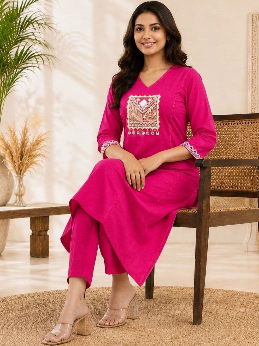 Sangria Women Ethnic Motifs Embroidered Regular Thread Work Pure Cotton Kurta with Trousers thumbnail 3