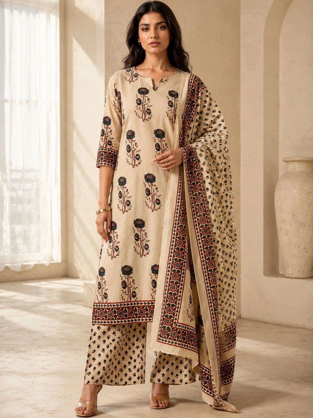 BANSARI COLLECTION Women Ethnic Motifs Printed Regular Pure Cotton Kurta with Palazzos & With Dupatta thumbnail 7
