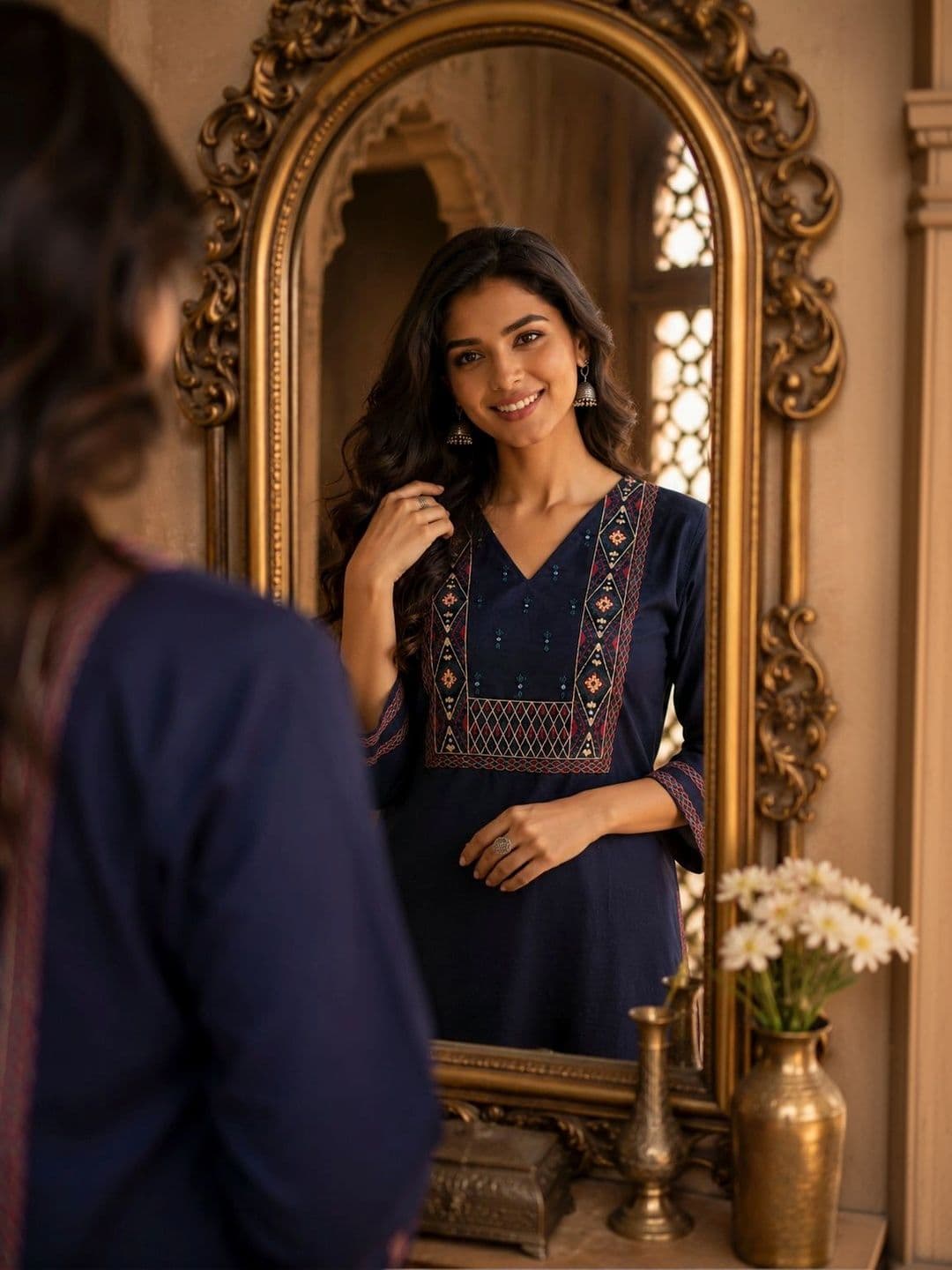 BANSARI COLLECTION Women Ethnic Motifs Embroidered Regular Thread Work Pure Cotton Kurta with Palazzos thumbnail 5