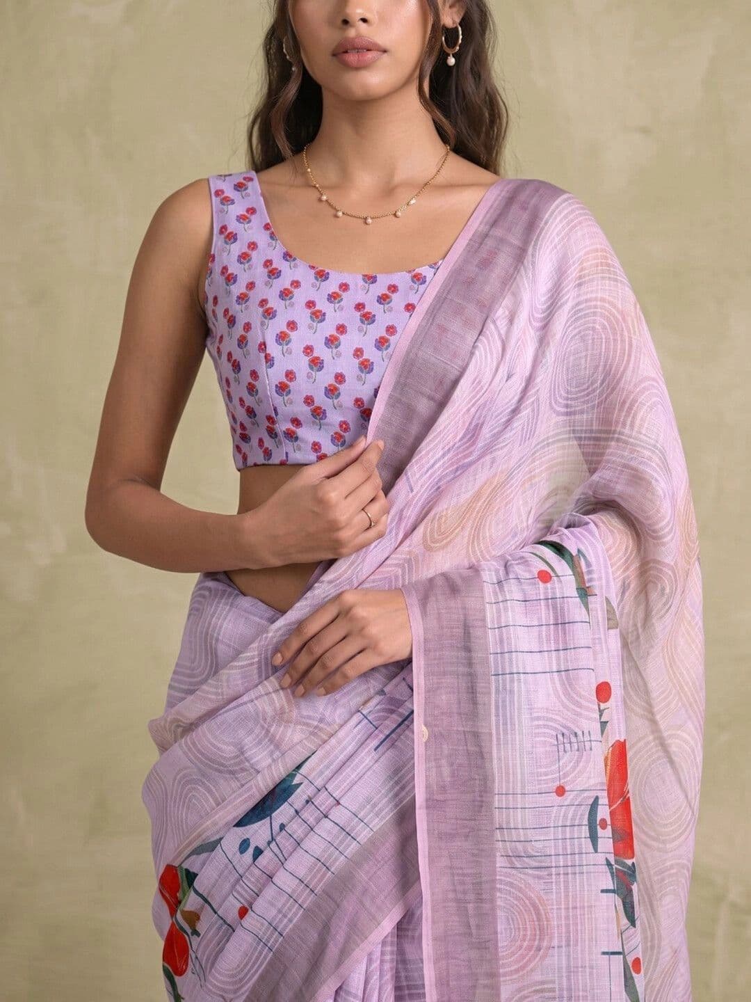 Saara  Printed Dusty Mauve Linen Ready to wear saree for Women With Unstiched Blouse thumbnail 4