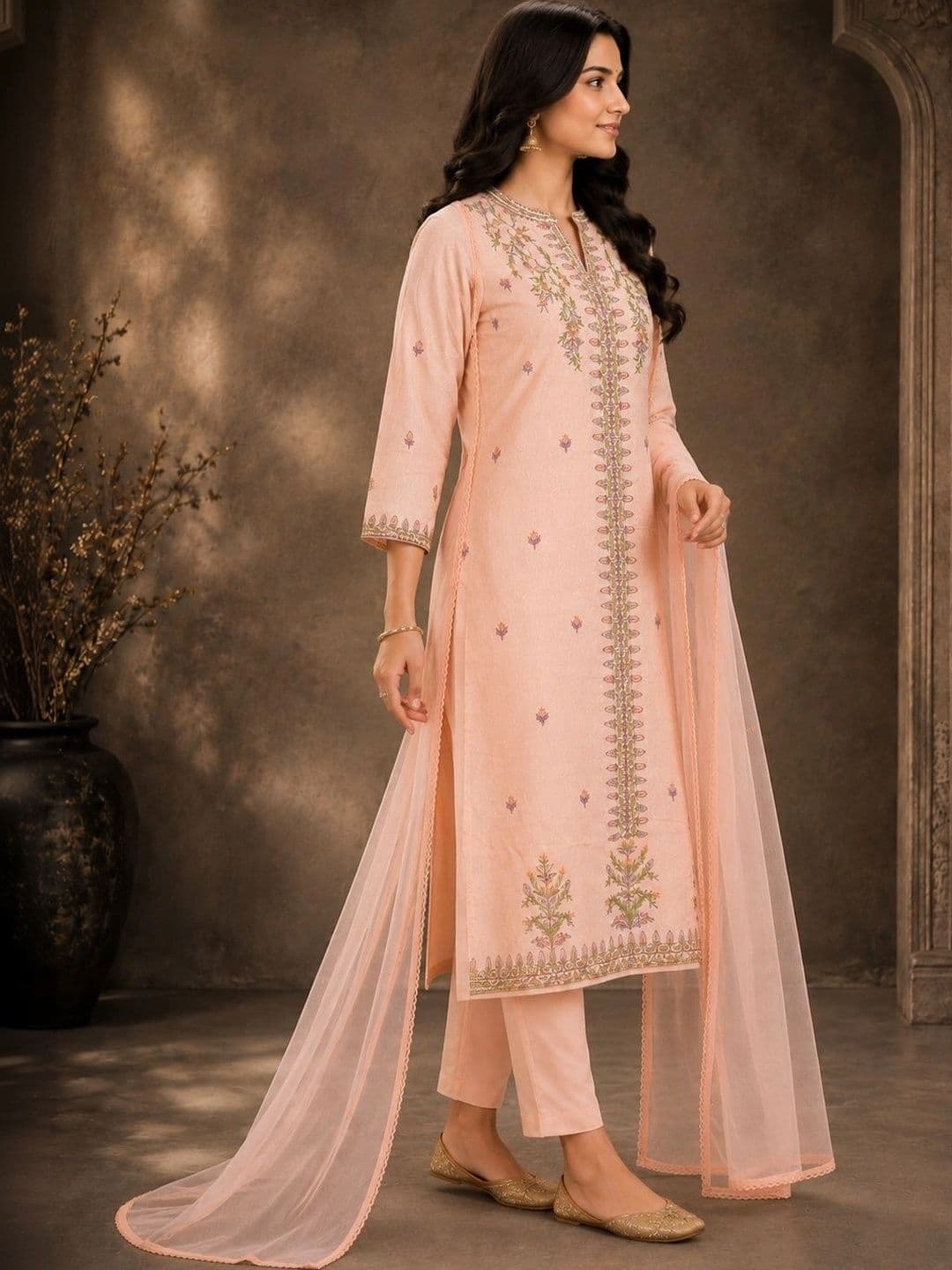 Anouk Women Ethnic Motifs Embroidered Regular Thread Work Pure Cotton Kurta with Trousers & With Dupatta thumbnail 4