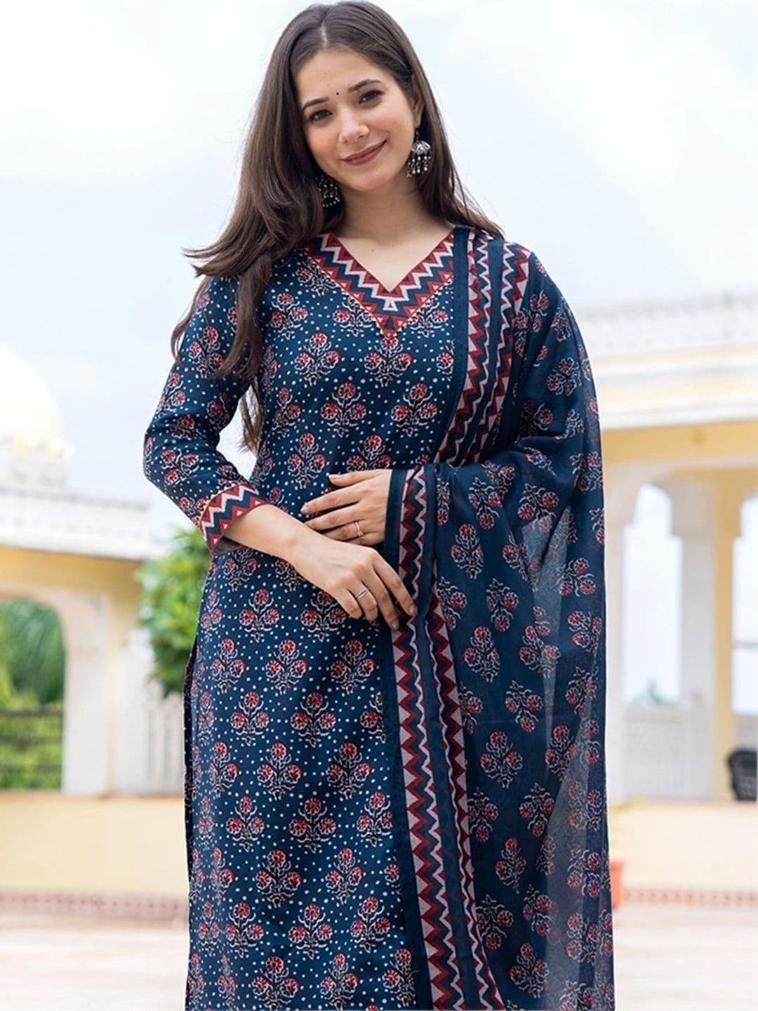 Utsavya Women Ethnic Motifs Printed Regular Pure Cotton Kurta with Trousers & With Dupatta - view 1