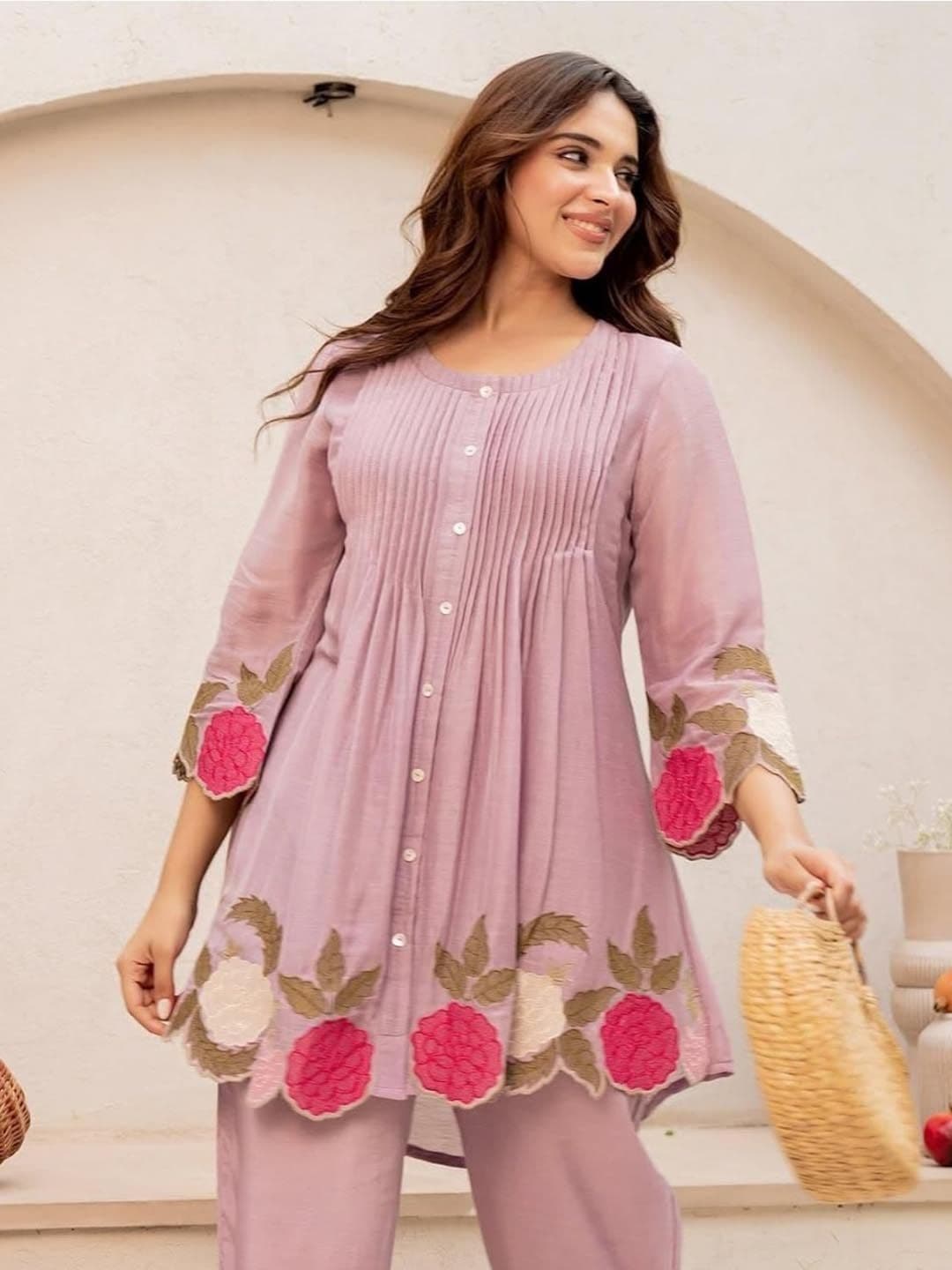 Pink World Romantic Florals Cotton Embroidered Tunic with Trousers thumbnail 2