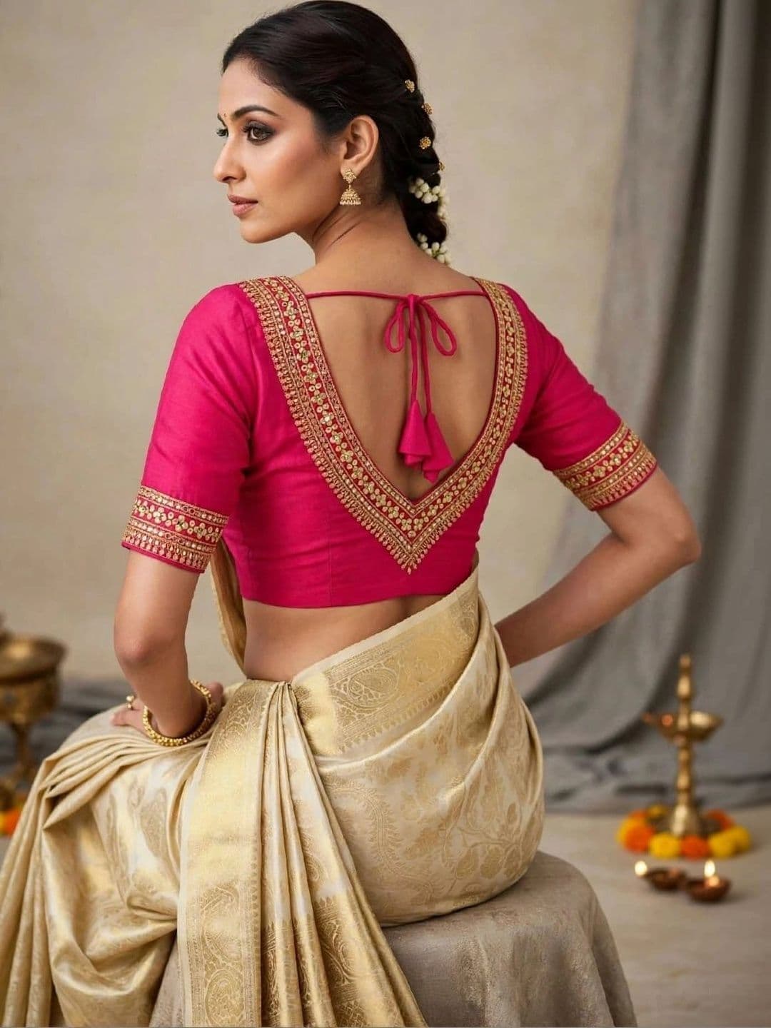 Binatex Cotton Embellished Zari Saree Blouse thumbnail 2