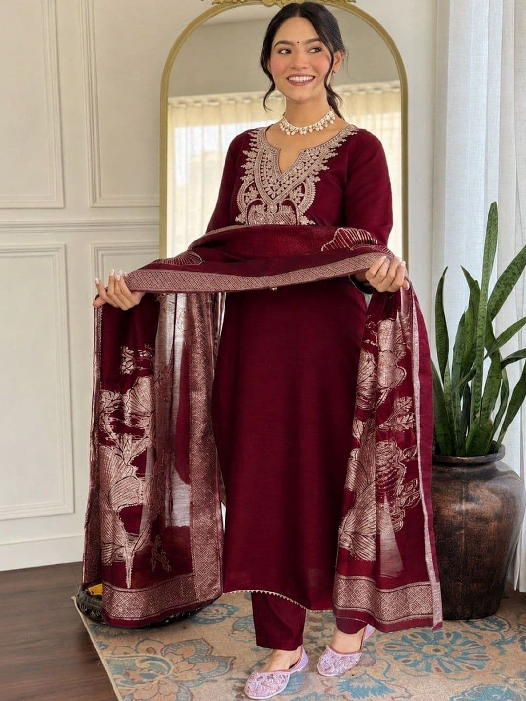 FIC FUSION CULTURE Women Ethnic Motifs Embroidered Regular Kurta with Trousers & With Dupatta thumbnail 5