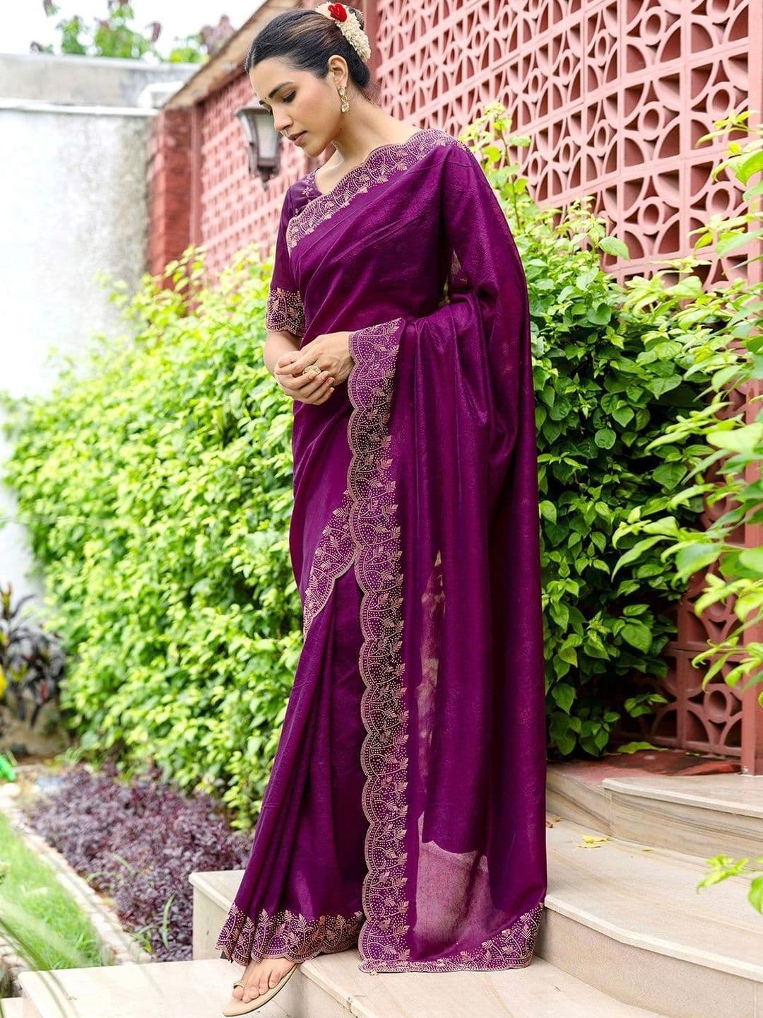 Satrani Embellished Beads and Stones Tissue Designer Saree thumbnail 4
