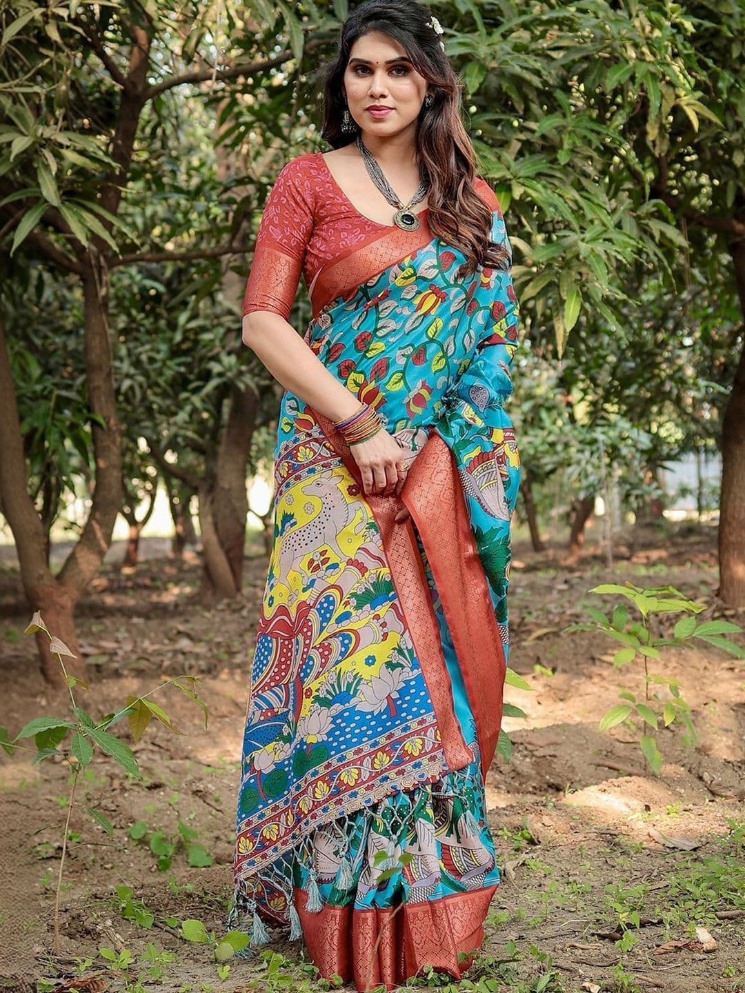 Satrani Kalamkari Zari Silk Blend Designer Saree thumbnail 4