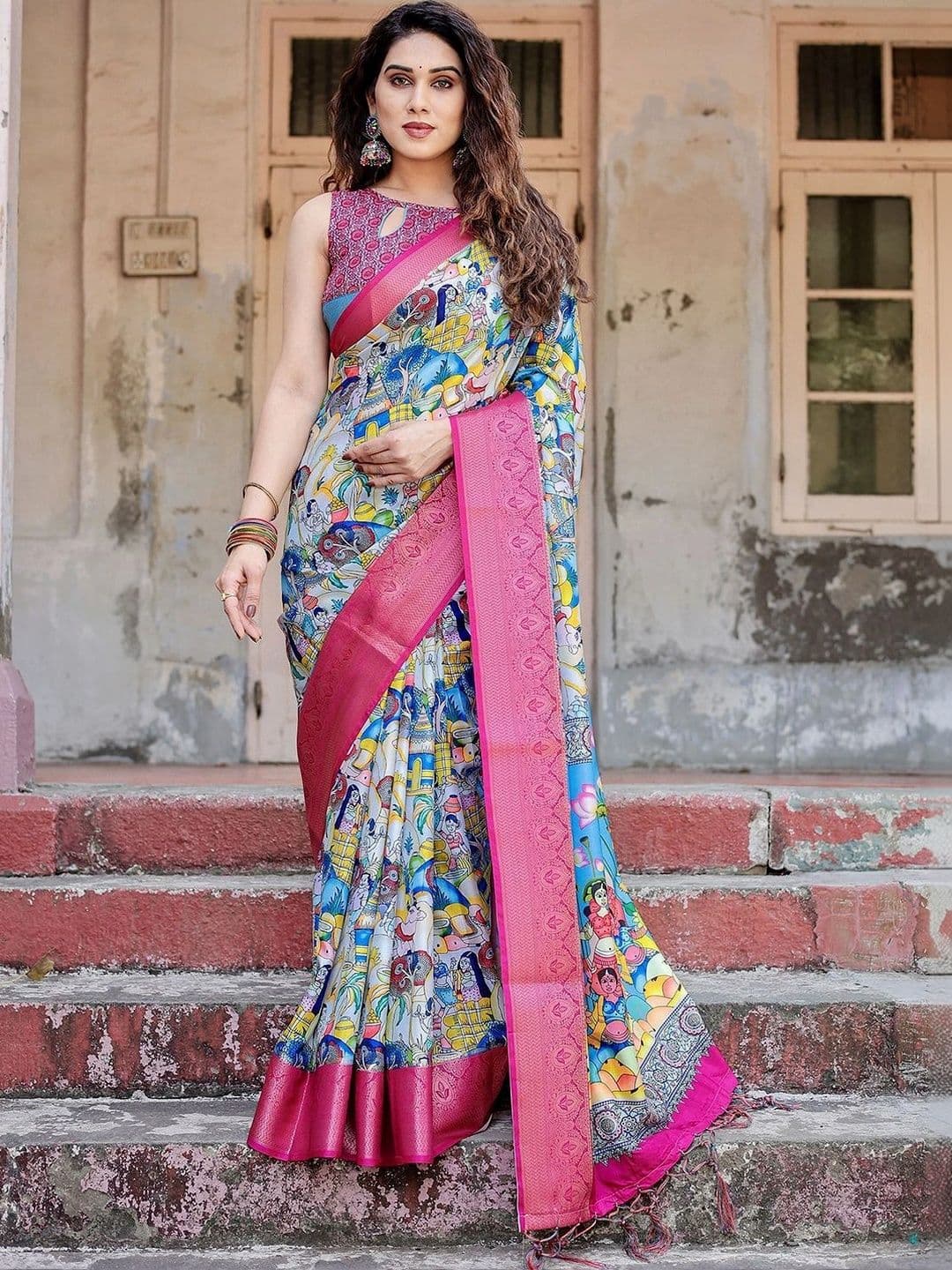 Satrani Kalamkari Zari Silk Blend Designer Saree - view 1