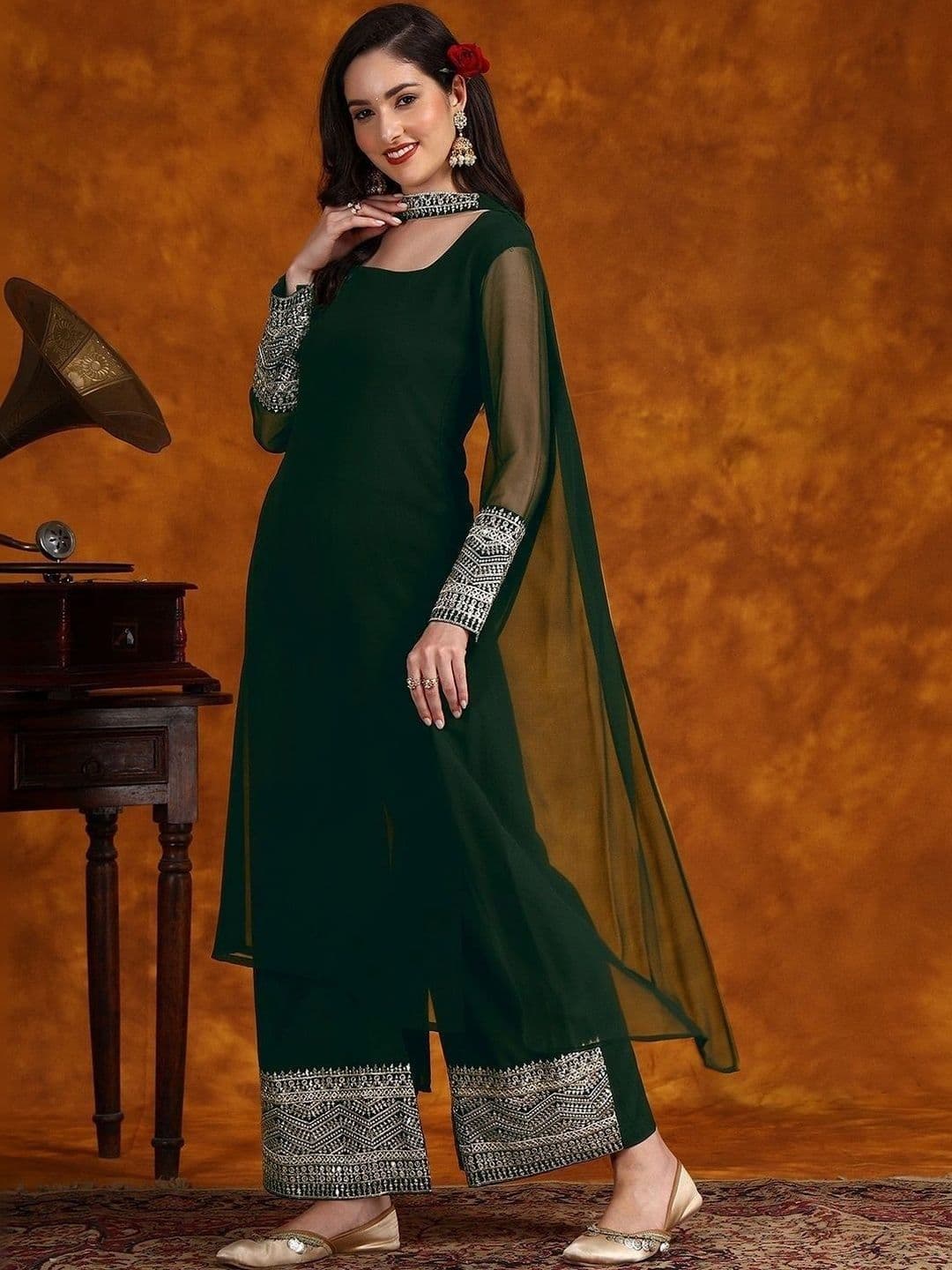 Utsavya Women Ethnic Motifs Regular Thread Work Kurta with Palazzos & With Dupatta thumbnail 3
