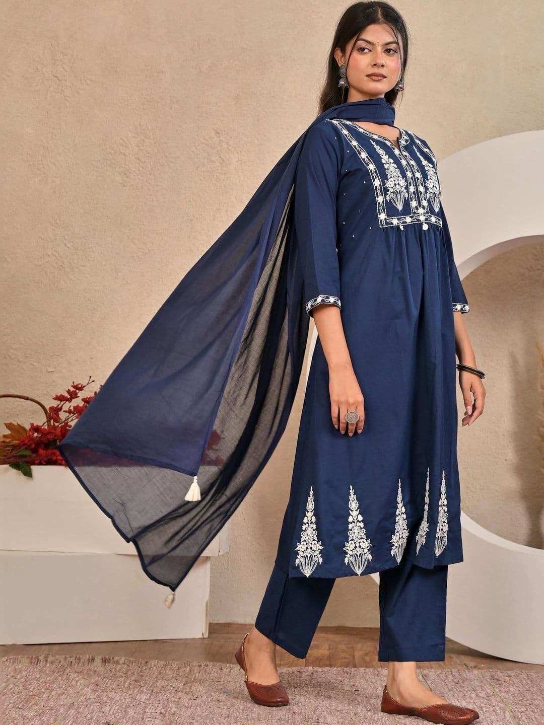 Yashee Women Ethnic Motifs Embroidered Empire Pure Cotton Kurta with Trousers & With Dupatta thumbnail 2