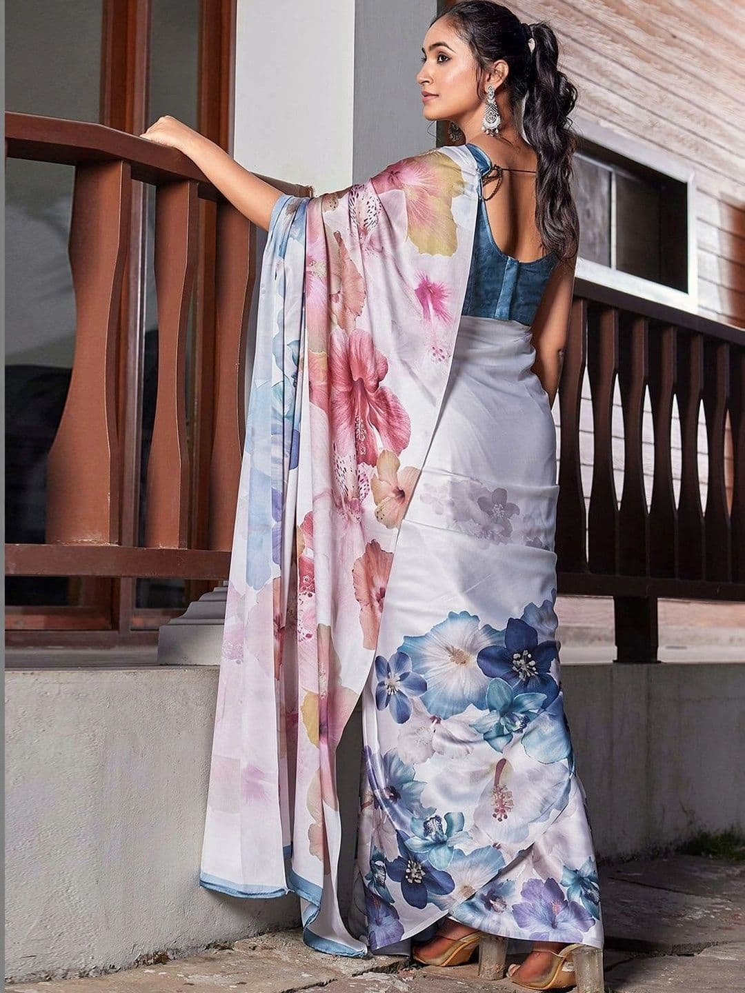 Satrani Floral Satin Designer Saree thumbnail 2