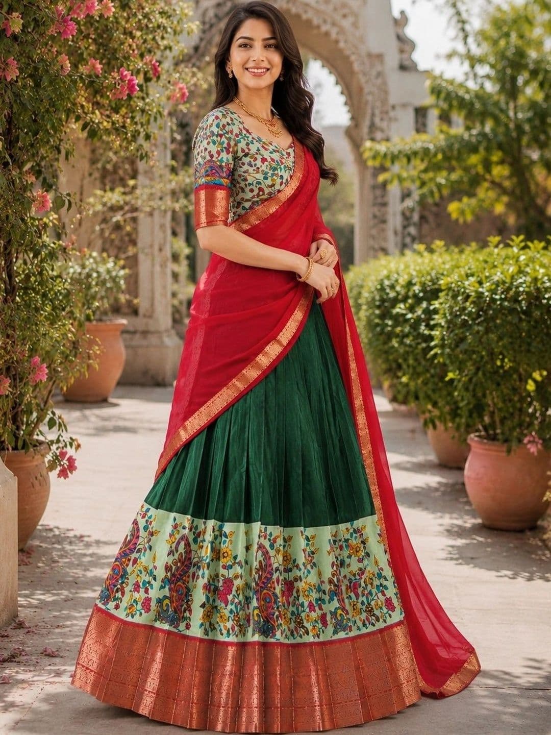 KALINI Printed Ready to Wear Lehenga & Unstitched Blouse With Dupatta thumbnail 6