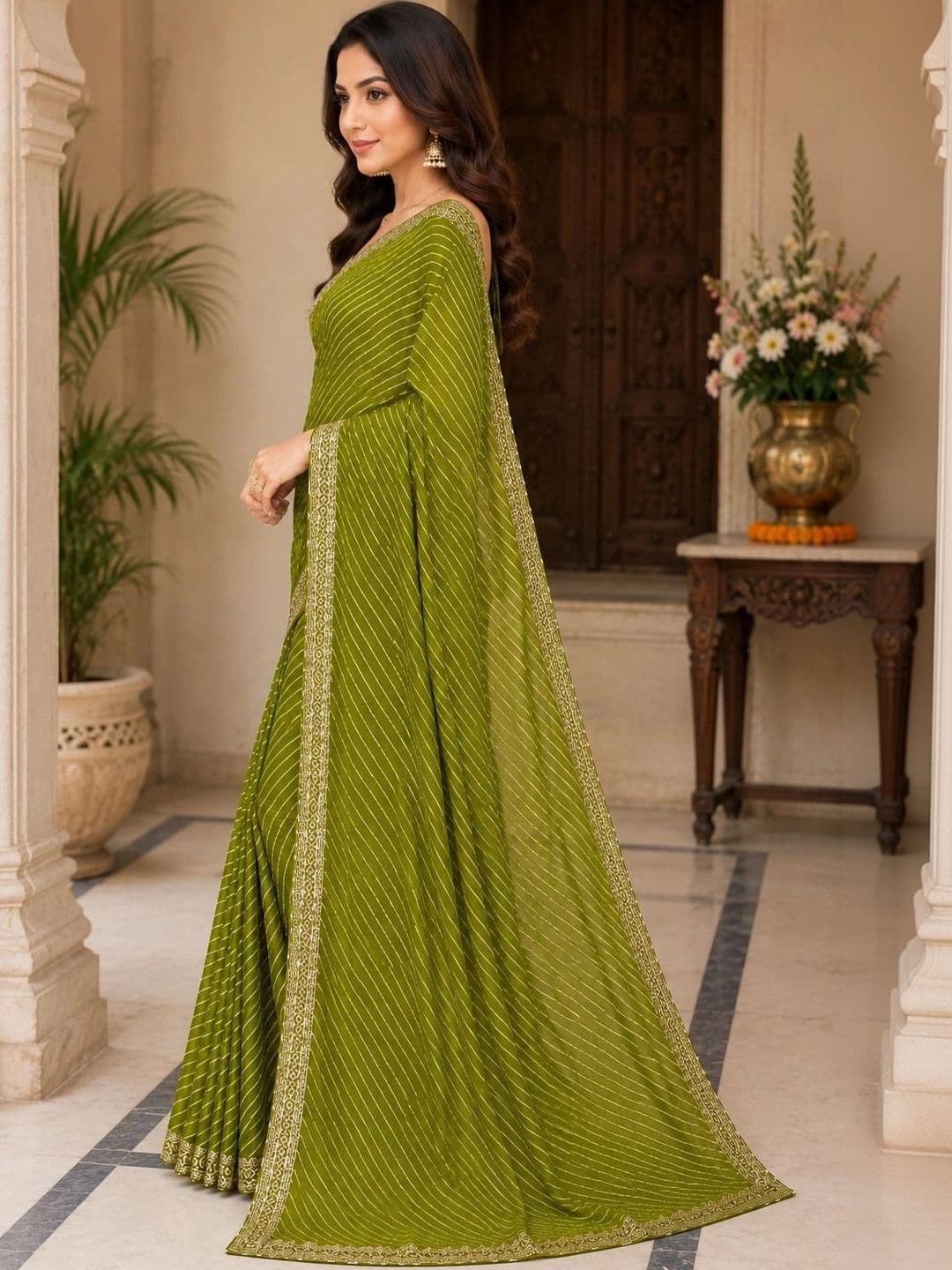 RENBRIZA Leheriya Embroidered Poly Georgette Saree thumbnail 4