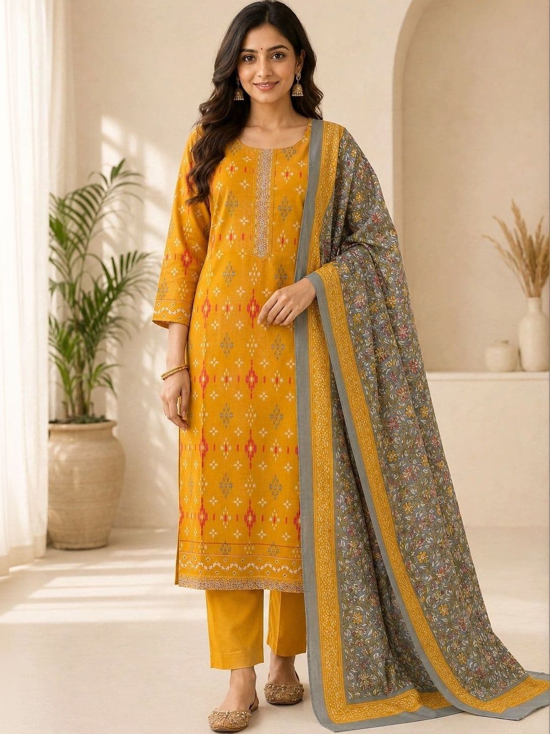 Anouk Women Ethnic Motifs Printed Regular Thread Work Pure Cotton Kurta with Trousers & With Dupatta thumbnail 2