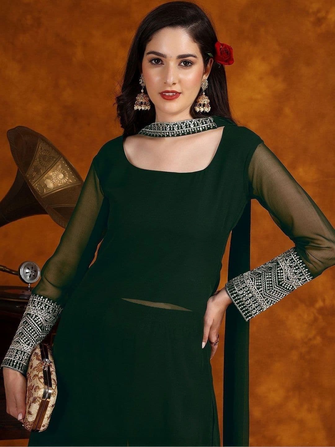 Utsavya Women Ethnic Motifs Regular Thread Work Kurta with Palazzos & With Dupatta thumbnail 5