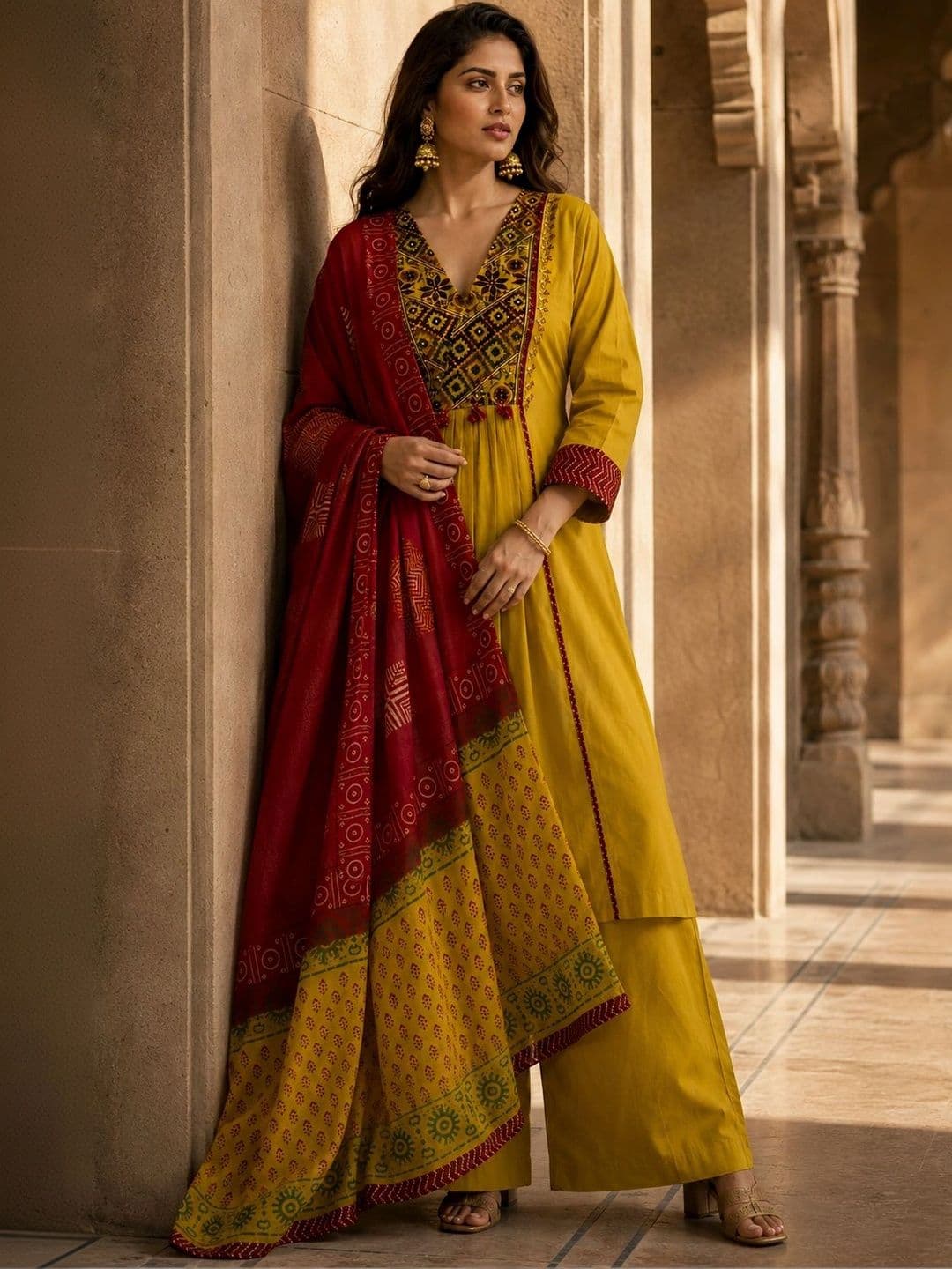 BANSARI COLLECTION Women Ethnic Motifs Embroidered Empire Mirror Work Pure Cotton Kurta with Palazzos & With thumbnail 7