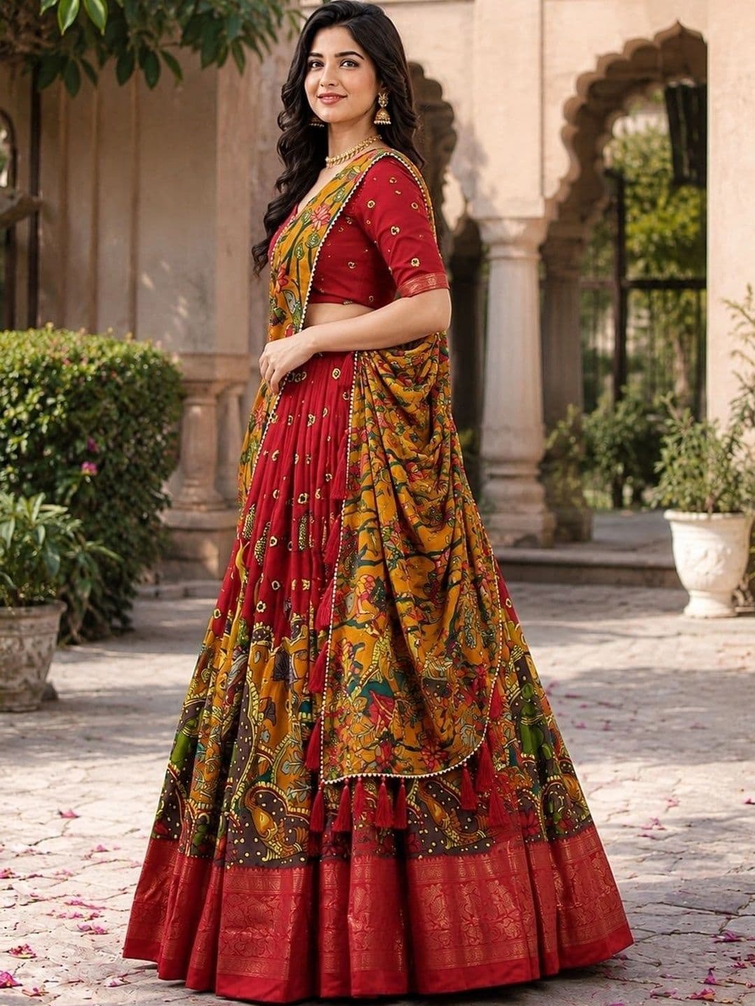 KALINI Embroidered Kalamkari Ready to Wear Lehenga & Unstitched Blouse With Dupatta thumbnail 5