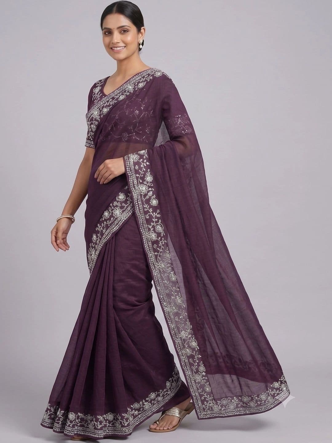 RENBRIZA Floral Embroidered Poly Georgette Saree thumbnail 5