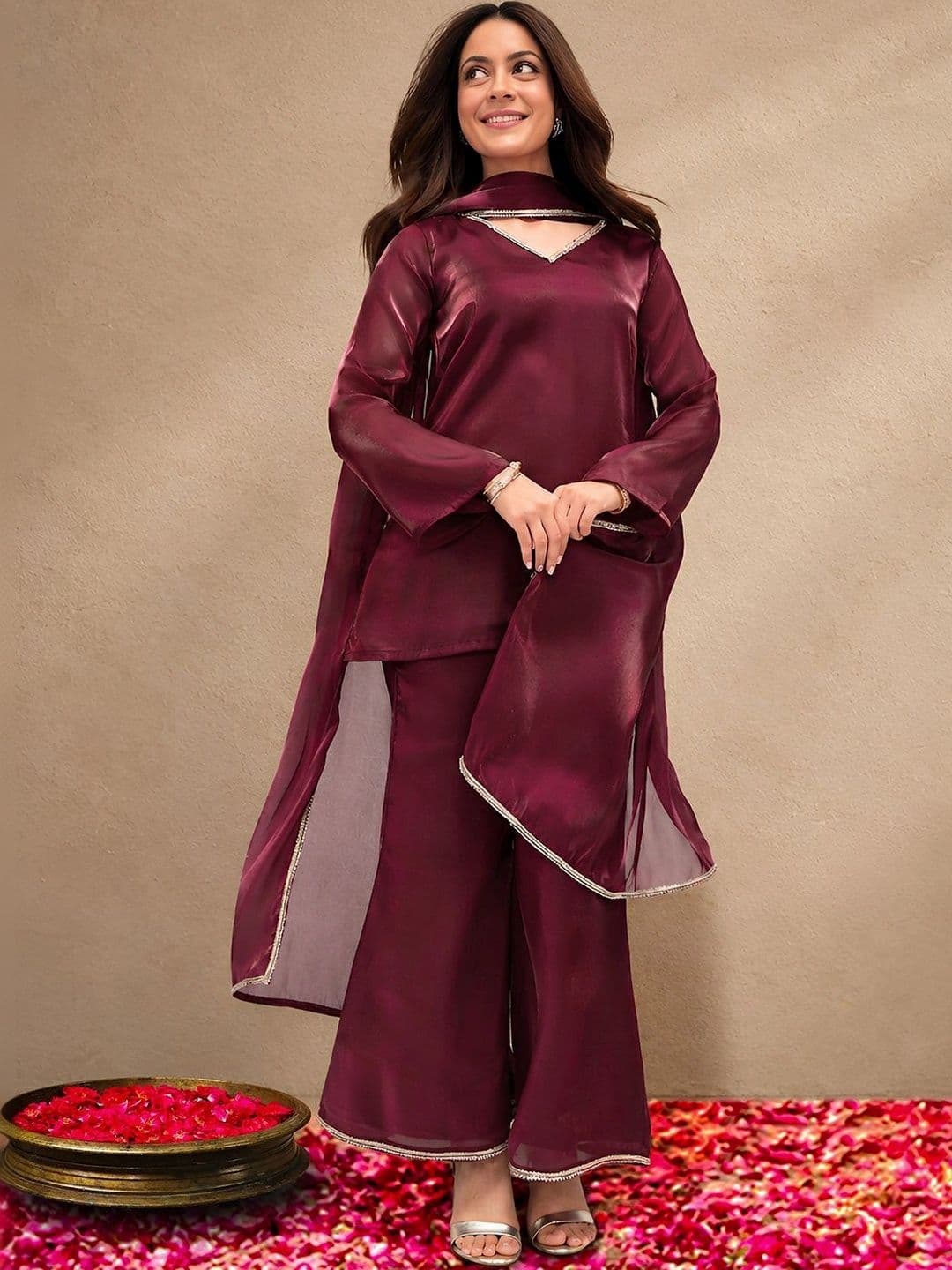 Gerua By Libas Libas Maroon Solid Tissue Palazzo Suit Set - view 1