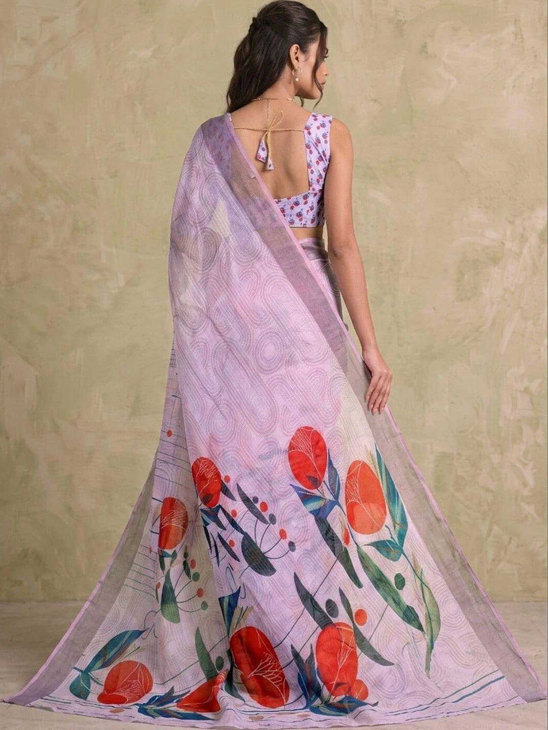 Saara  Printed Dusty Mauve Linen Ready to wear saree for Women With Unstiched Blouse thumbnail 5